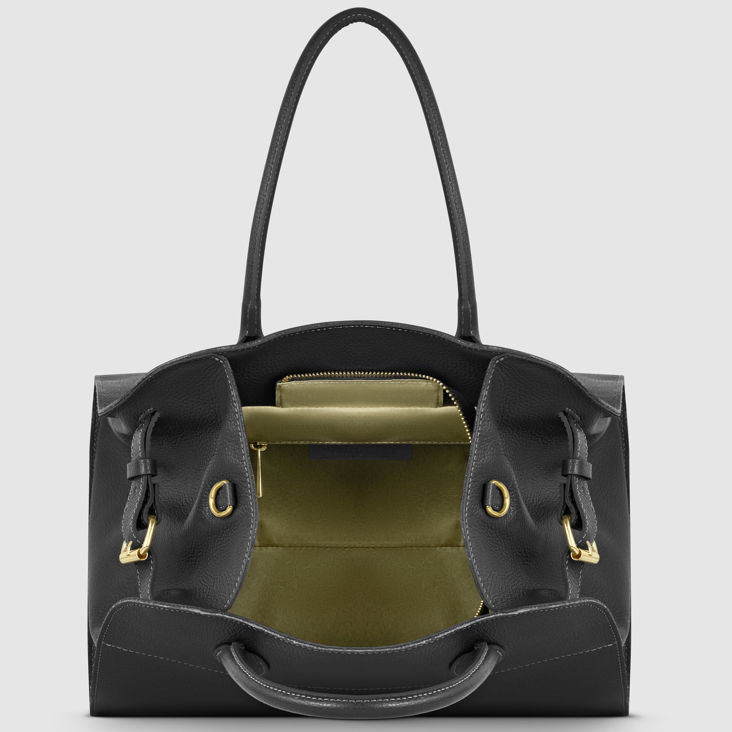 A black Italian leather bag with gold hardware, shown open to reveal an olive-green fabric interior with multiple pockets, including a zippered center compartment. The structured shape and two handles highlight classic Florentine leatherwork.