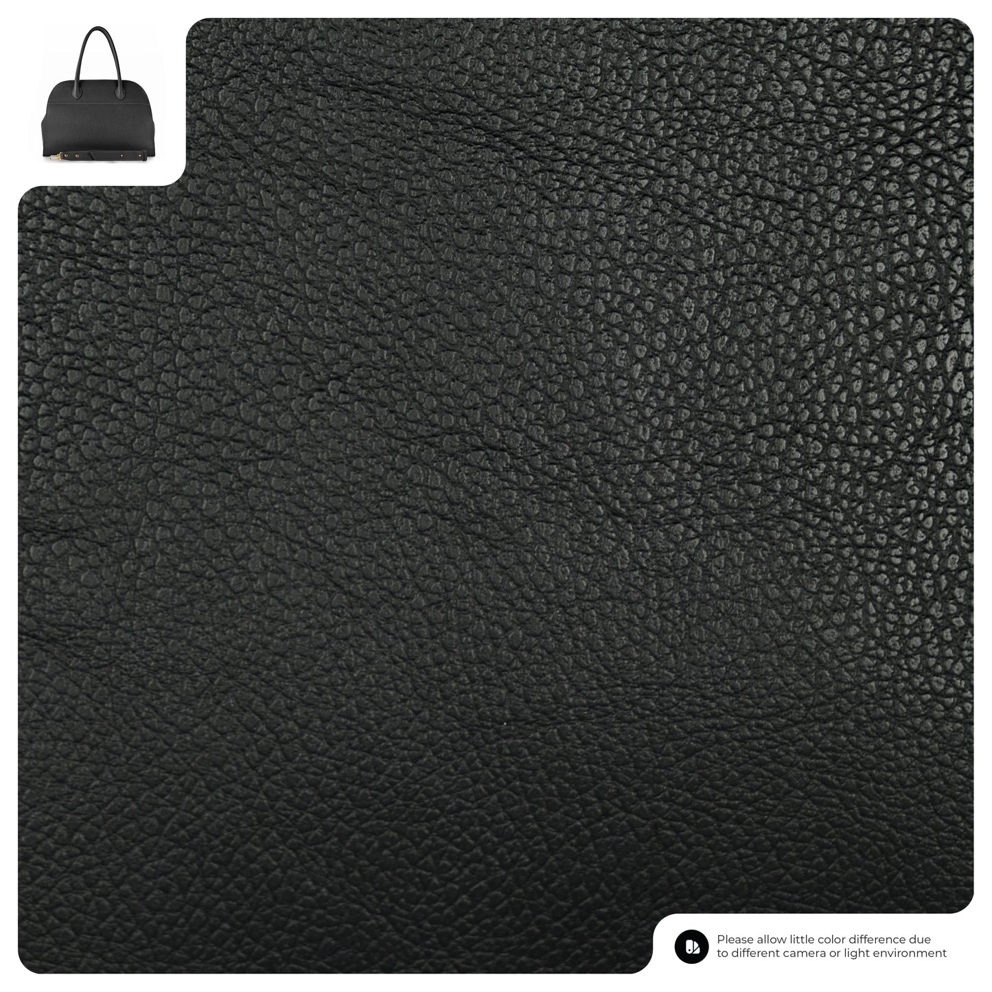 Close-up of black pebbled leather texture. An inset in the top left shows a vintage satchel crafted from the same material. Text at the bottom notes possible color differences due to lighting or camera.