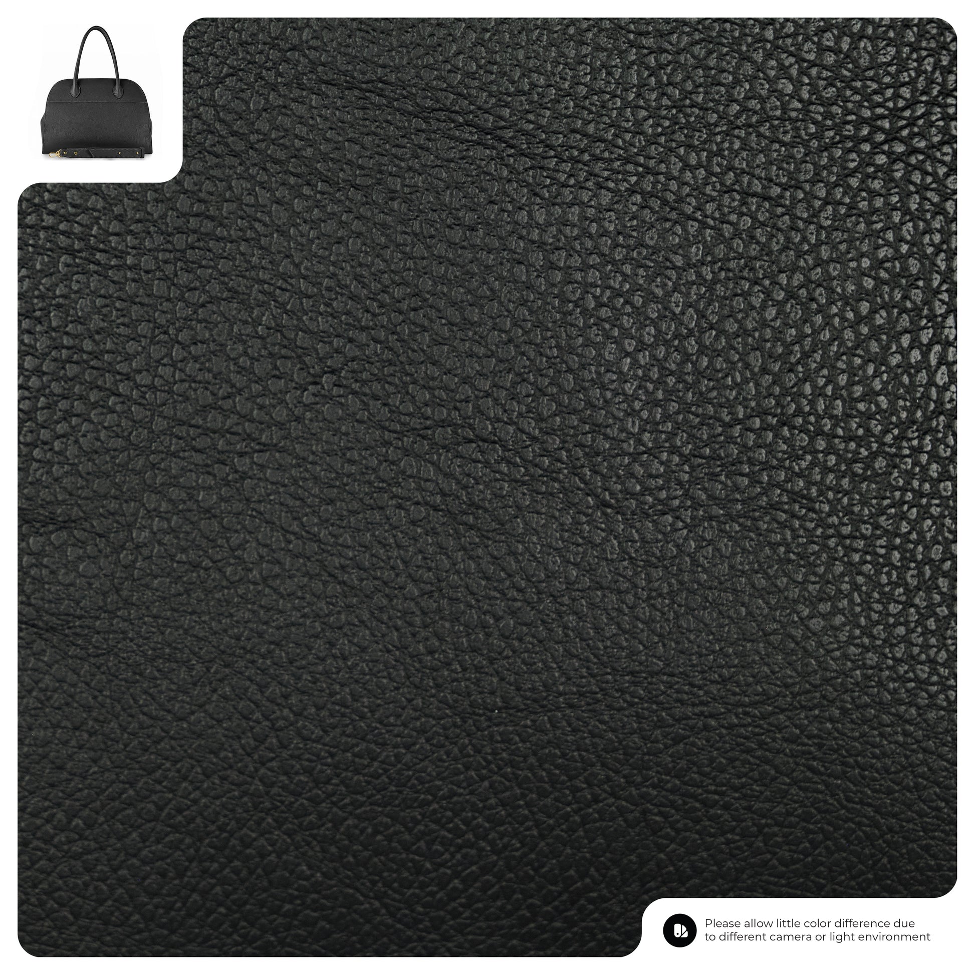 Close-up of black pebbled leather texture. An inset in the top left shows a vintage satchel crafted from the same material. Text at the bottom notes possible color differences due to lighting or camera.