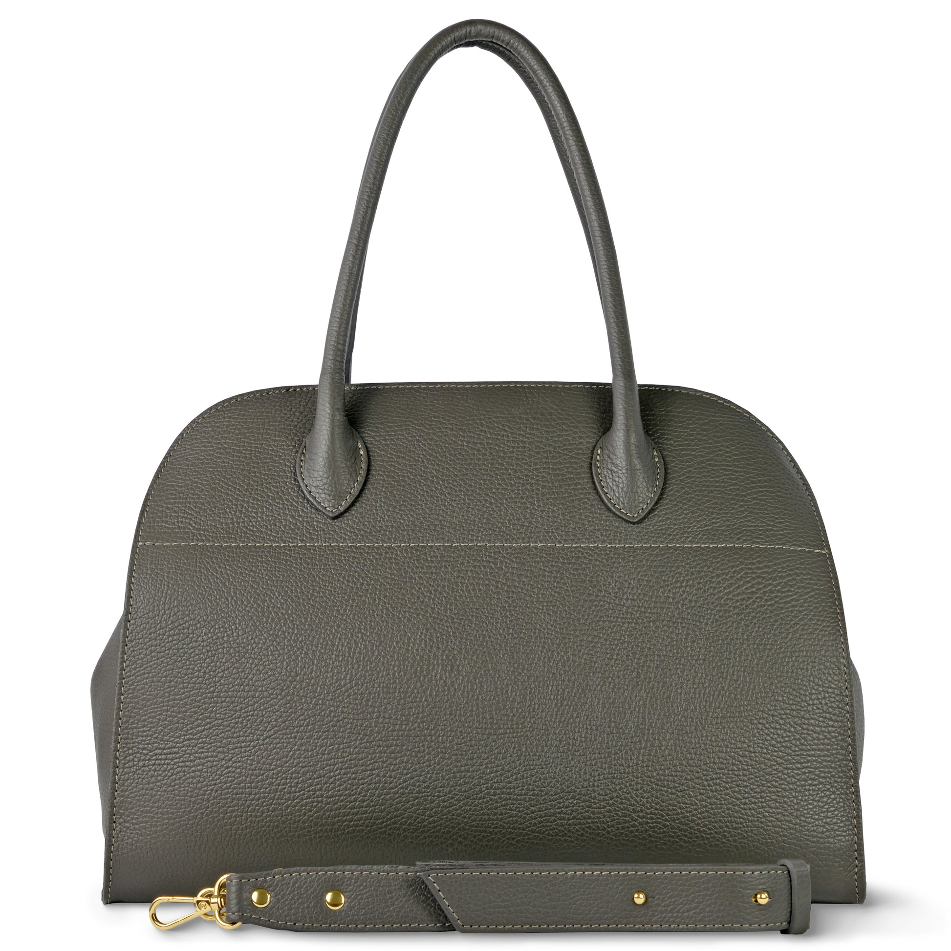 A structured, dark gray Italian leather bag with two top handles and a detachable shoulder strap featuring gold hardware, displayed against a white background.