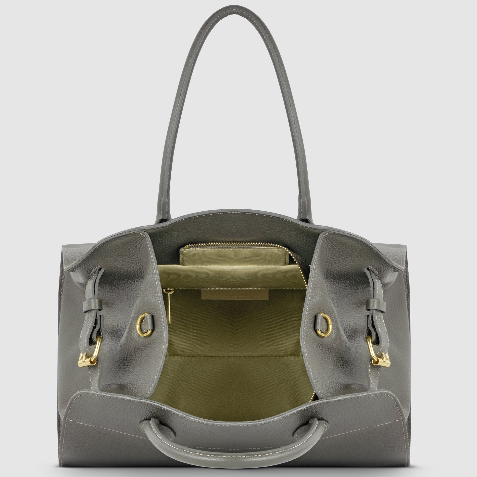 A grey Italian leather bag with gold hardware, shown open to reveal a spacious interior, green lining, interior zip pocket, and two handles—a fine example of classic Florentine leatherwork.