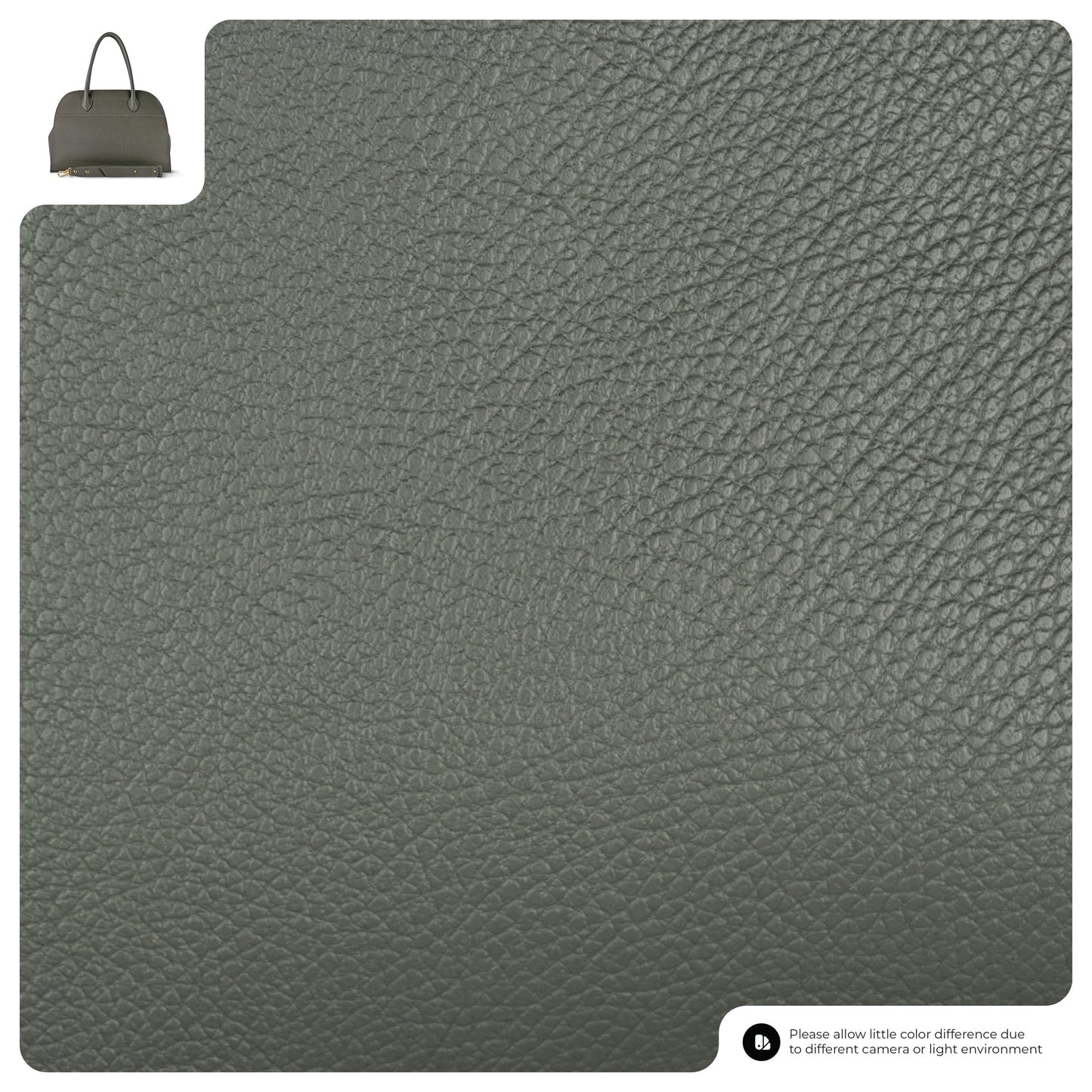 Close-up of textured gray Florentine leatherwork, with a small image of an Italian leather bag in the top left corner and a note about possible color differences in the bottom right.