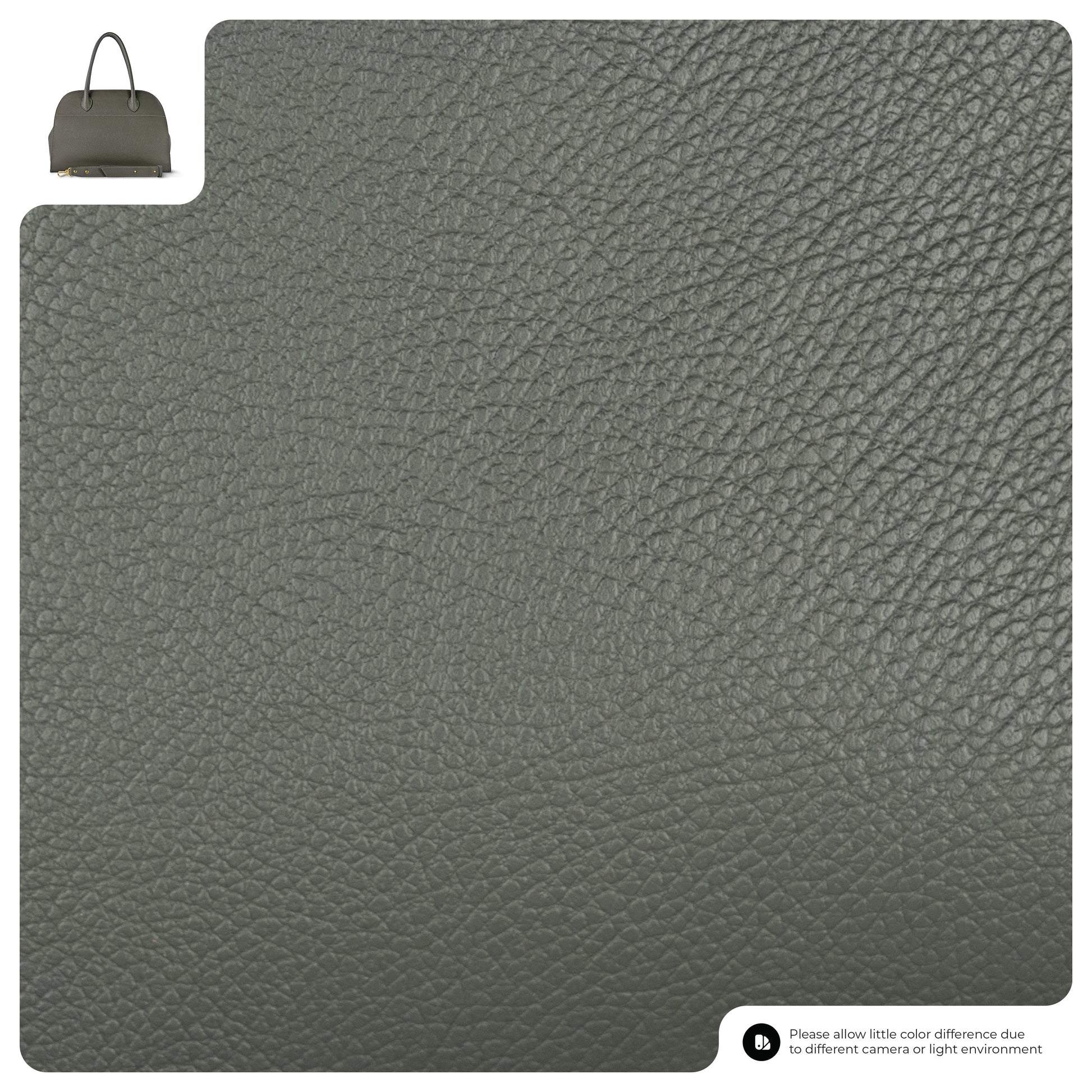 Close-up of textured gray Florentine leatherwork, with a small image of an Italian leather bag in the top left corner and a note about possible color differences in the bottom right.