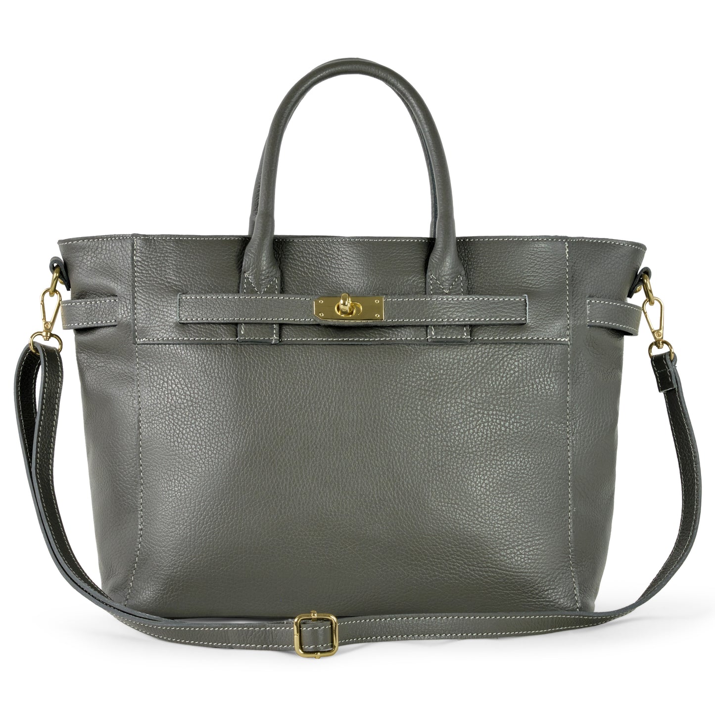 A gray luxury handbag crafted from pebbled calf leather, featuring two handles, a detachable shoulder strap, gold hardware, and a turn-lock closure. Visible white stitching highlights its elegant design.