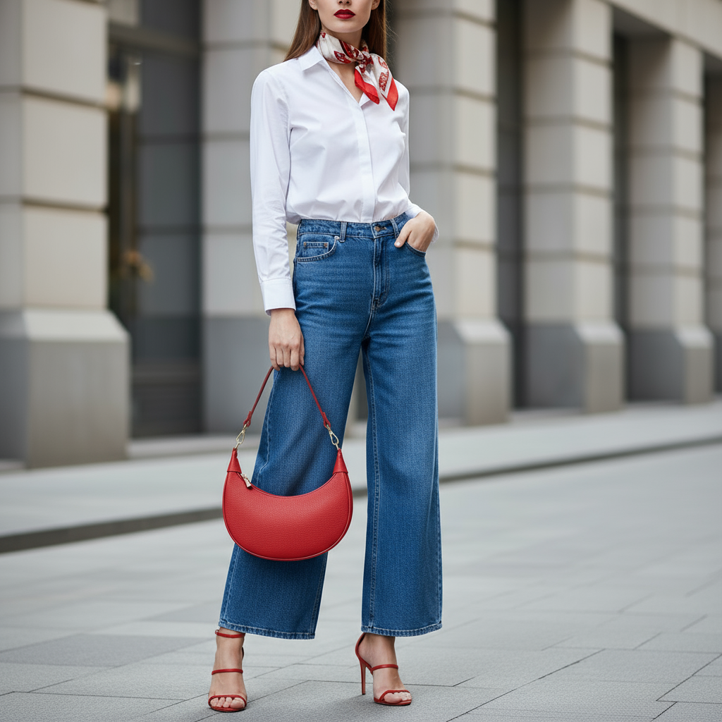 A woman in wide-leg jeans, a white shirt, and red heels stands outdoors. She holds an Italian leather bag and wears a red scarf around her neck, with artisan craftsmanship reflected against the modern building in the background.