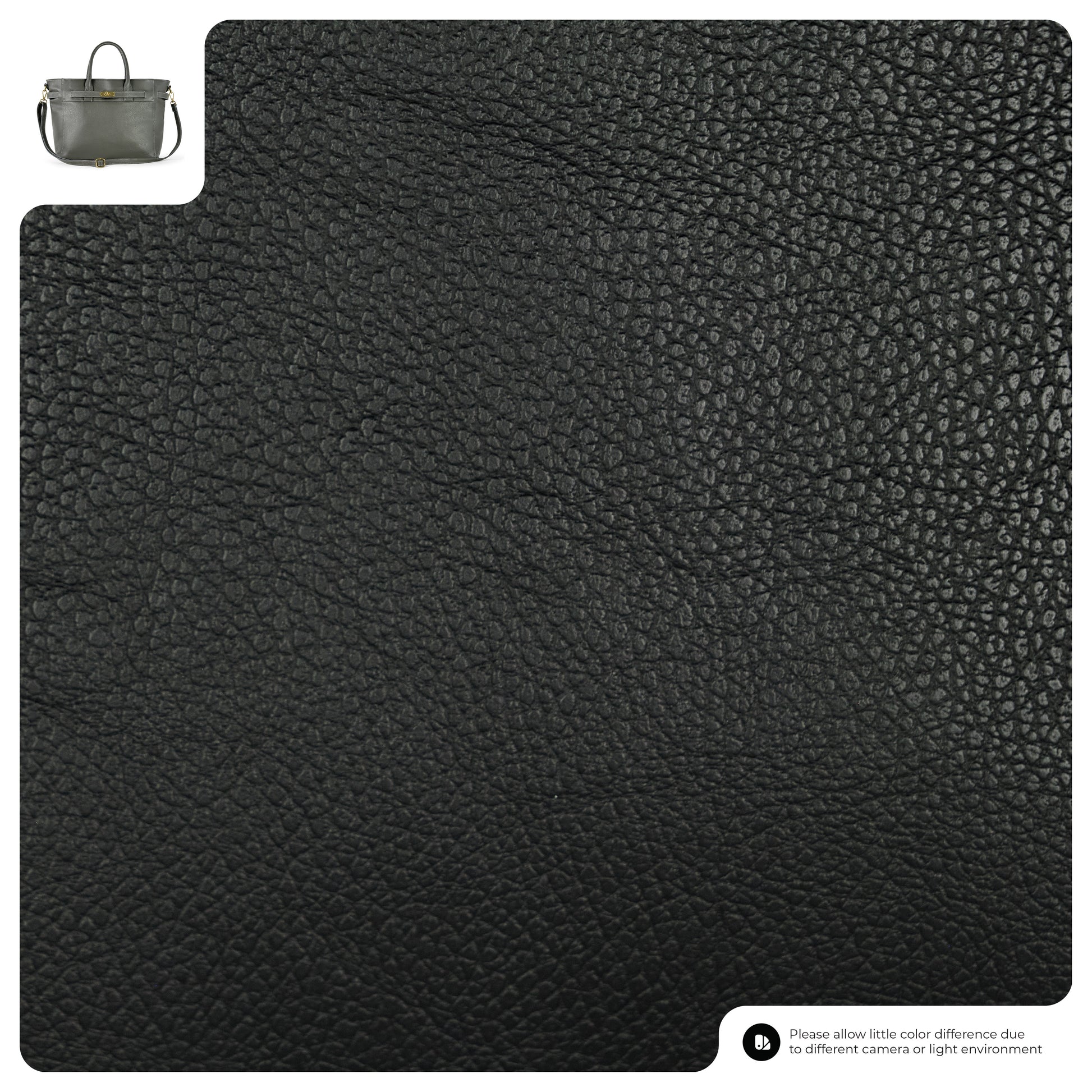 Close-up of textured pebbled calf leather with a small image of a luxury handbag in the top left corner and a note about possible color differences in the bottom right corner.