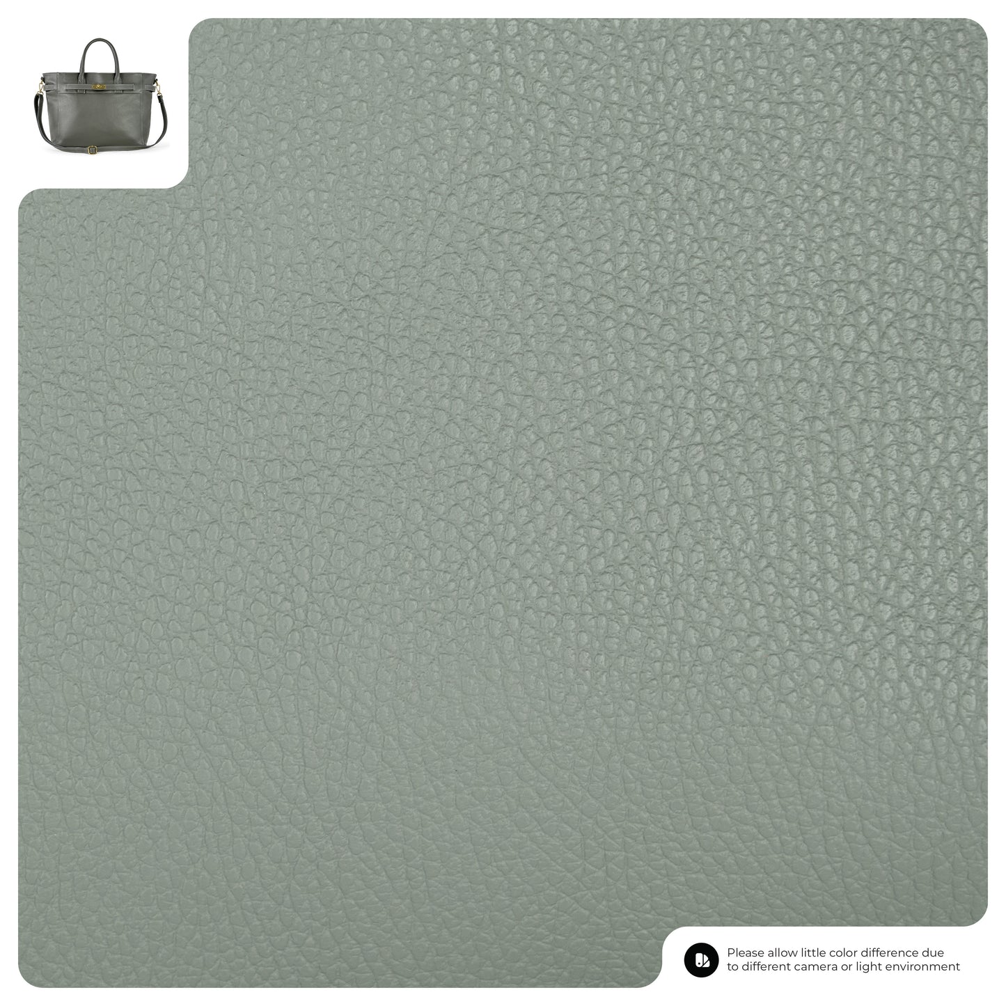 A close-up of textured grey-green pebbled calf leather. In the top left corner, a small image shows a luxury handbag crafted from the same material. A disclaimer about possible color differences appears in the bottom right corner.