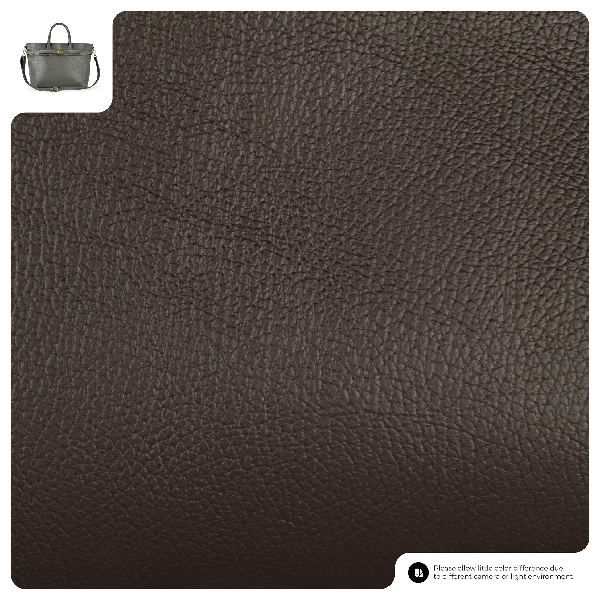 Close-up of brown pebbled calf leather with a small inset image of a luxury handbag in the top left corner. A note at the bottom mentions possible color differences due to lighting or camera settings.