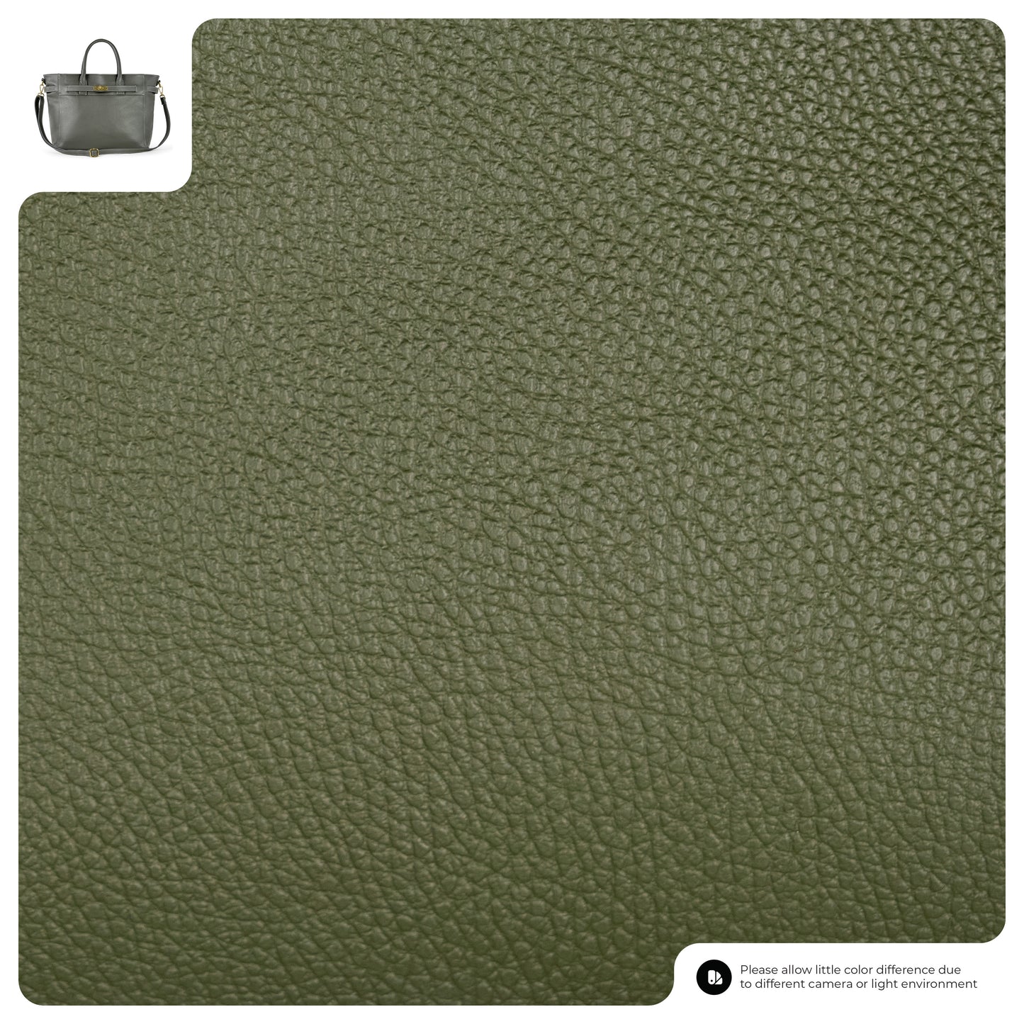 Close-up of textured olive green pebbled calf leather; a small inset at the top left displays a luxury handbag crafted from the same material. Informational text appears in the lower right corner.