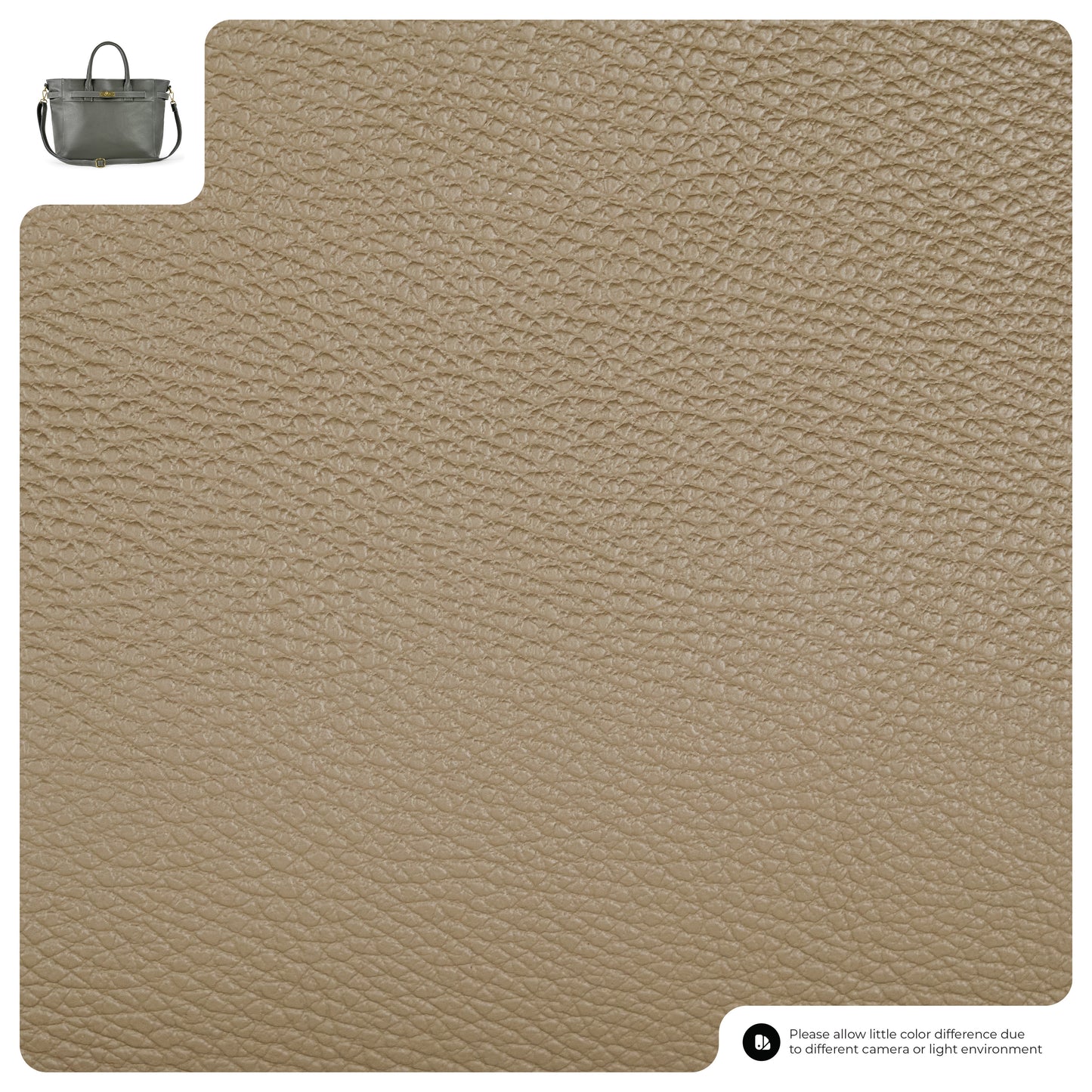 Close-up view of pebbled calf leather in taupe, with a small inset image of an Italian leather tote bag crafted from the same material in the top left corner. Text at the bottom notes possible color differences.