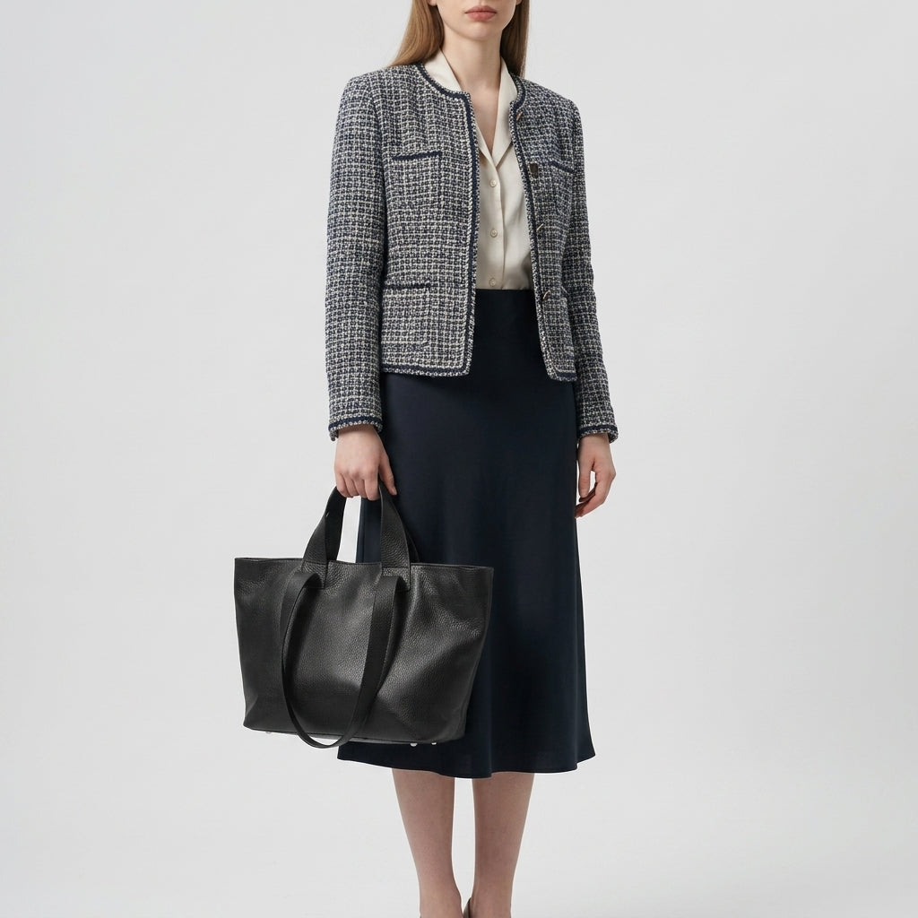 Woman in a tweed jacket, cream blouse, and black midi skirt holds a large trapezoid tote bag, standing against a plain light gray background. Her face is not fully visible.