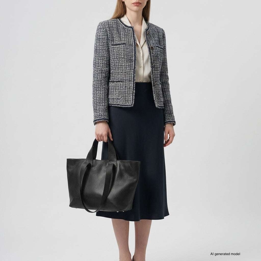 A woman in a tweed jacket, white blouse, and black midi skirt holds a large trapezoid tote bag. She stands against a plain light background.