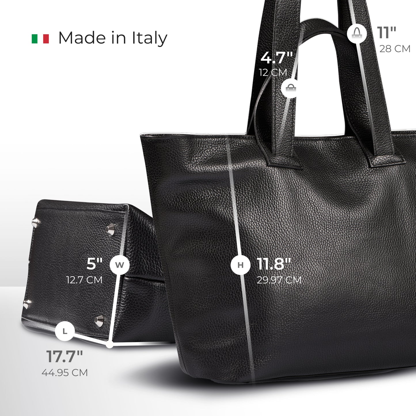 A black minimalist tote crafted from Italian calf leather is shown with its dimensions labeled: 17.7 (44.95 cm) long, 5 (12.7 cm) wide, 11.8 (29.97 cm) high, and 11 (28 cm) handle drop. Text reads Made in Italy with an Italian flag icon.