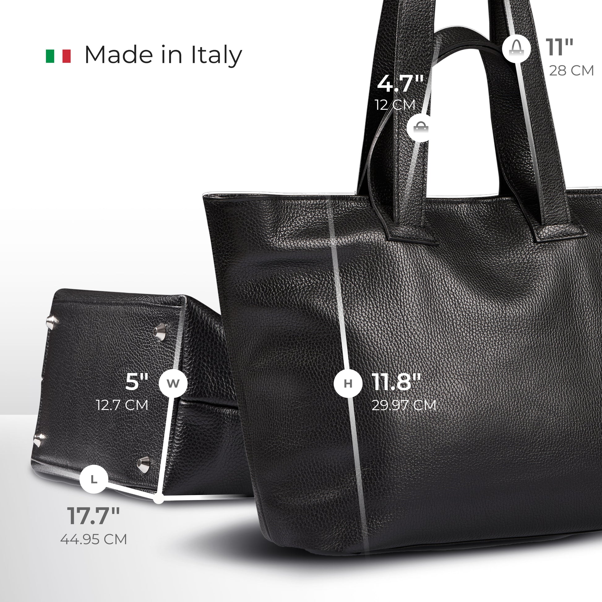A black minimalist tote crafted from Italian calf leather is shown with its dimensions labeled: 17.7 (44.95 cm) long, 5 (12.7 cm) wide, 11.8 (29.97 cm) high, and 11 (28 cm) handle drop. Text reads Made in Italy with an Italian flag icon.
