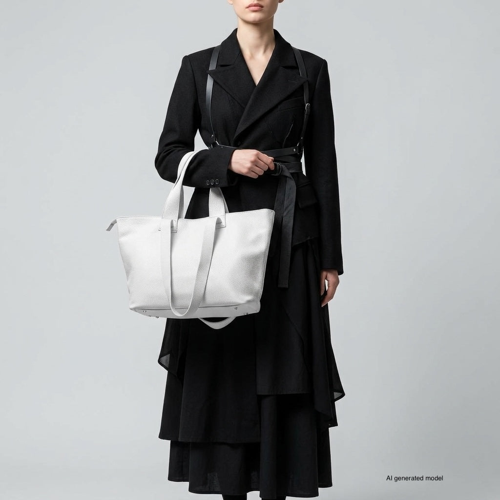 A person in a black trench coat and layered black skirt stands against a plain light gray background, holding a large minimalist handbag. Their face is not fully visible.