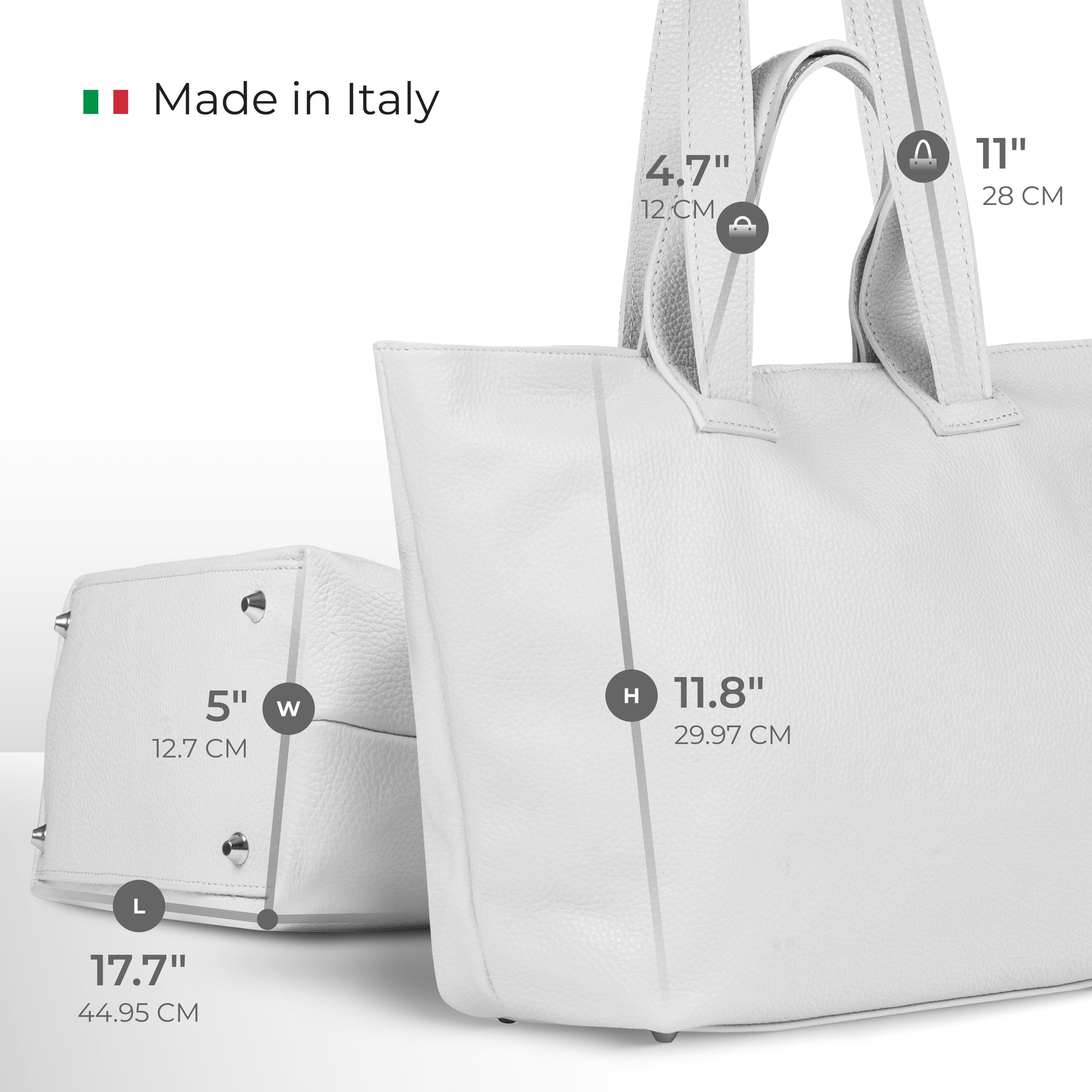 A white minimalist tote in Italian calf leather is displayed with dimensions labeled: 17.7 (length), 5 (width), 11.8 (height), 4.7 (handle drop), and 11 (handle height). Made in Italy appears in the top left.