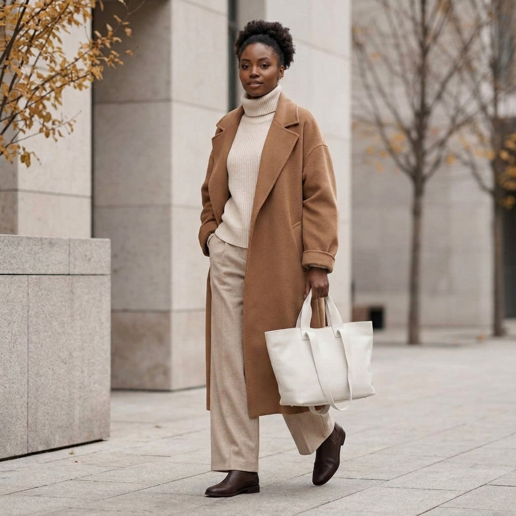 A woman walks confidently outdoors in a camel coat, cream turtleneck, beige pants, and brown boots, carrying a chic trapezoid tote bag. Leafless trees and modern stone buildings form the background.