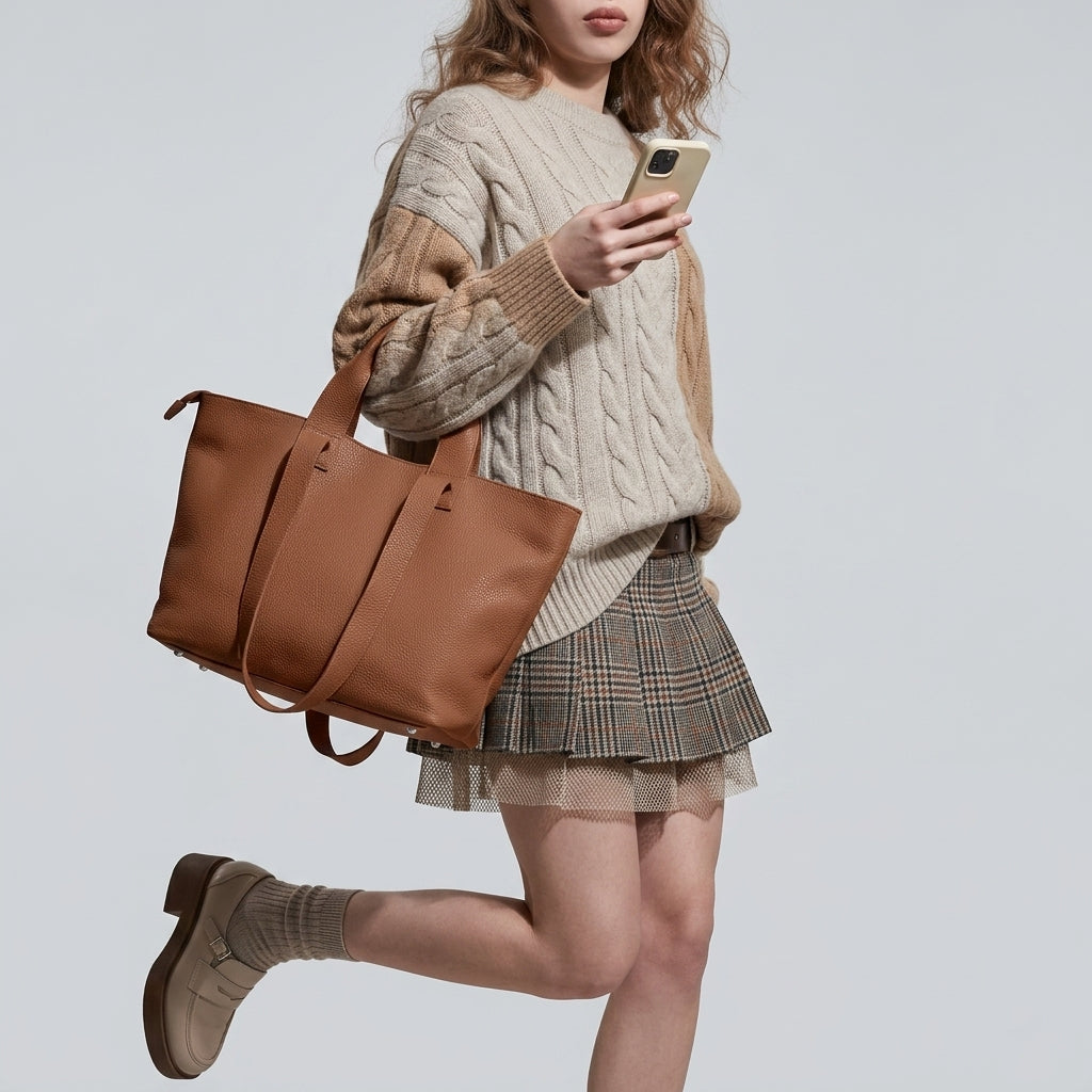 A woman in a beige cable-knit sweater, plaid skirt, and loafers walks against a plain light background, carrying a trapezoid tote bag and a smartphone.