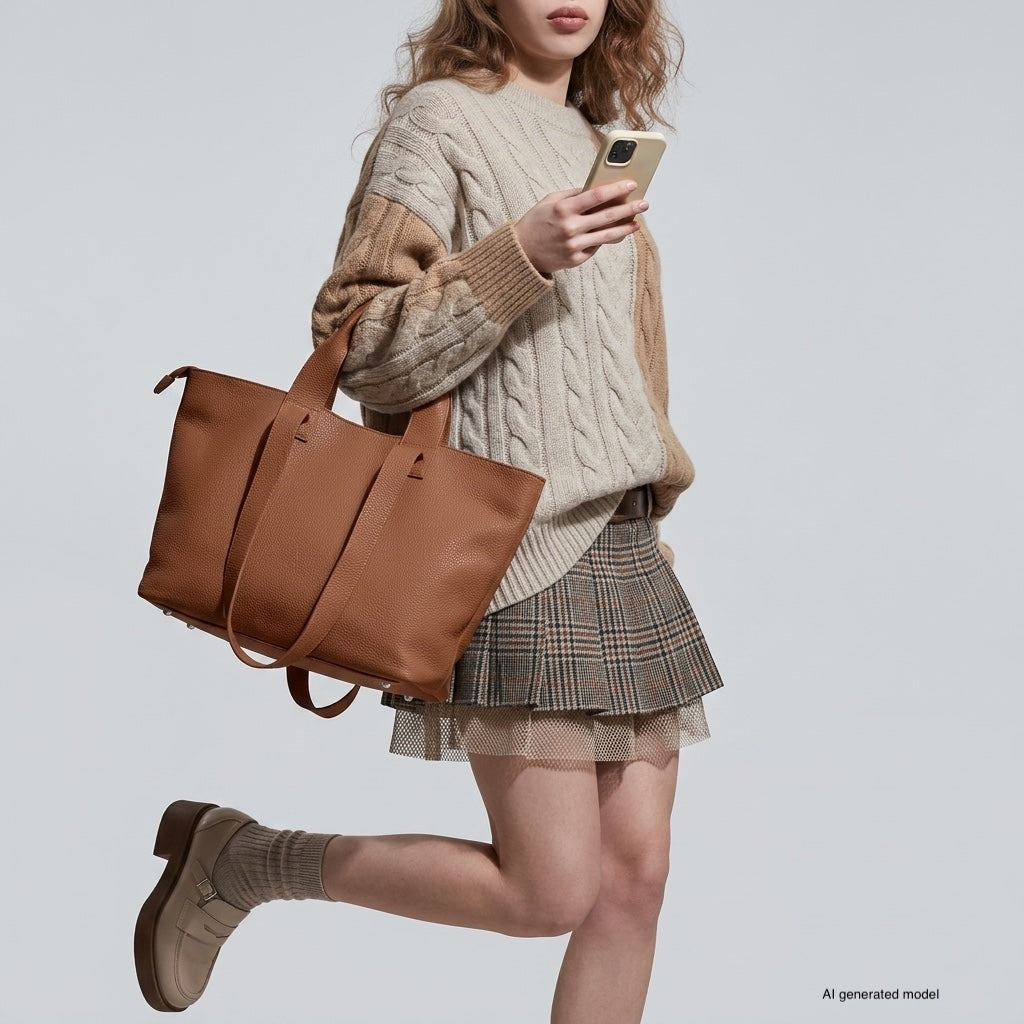 A woman in a beige cable-knit sweater, plaid skirt, and tan shoes carries a trapezoid tote bag and holds a smartphone while walking against a plain light background.