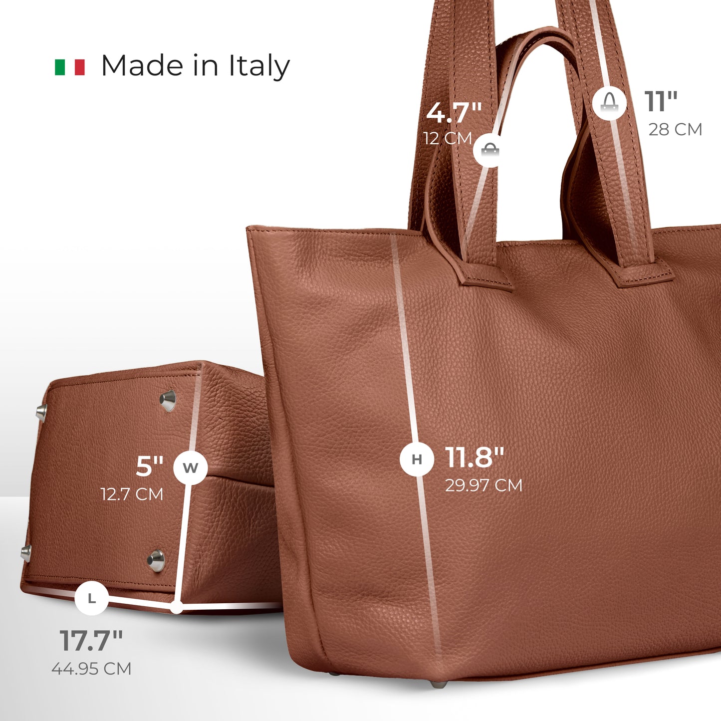 Brown Italian calf leather trapezoid handbag with labeled dimensions: height 11.8 (29.97 cm), width 5 (12.7 cm), length 17.7 (44.95 cm), handle drop 4.7 (12 cm); text reads Made in Italy.