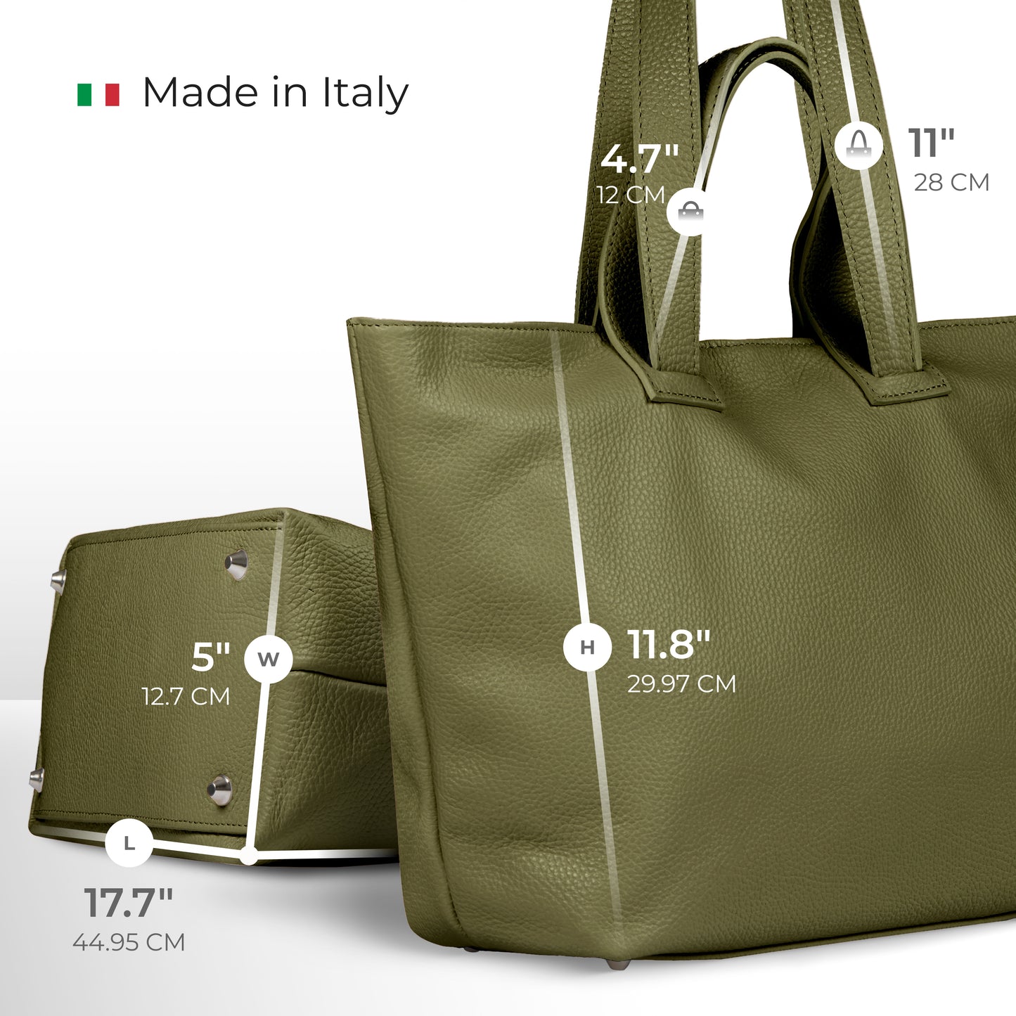 Olive green minimalist tote crafted from Italian calf leather with a visible texture, shown upright and on its side. Dimensions: 17.7 length, 5 width, 11.8 height, and 11 handle drop. Text reads “Made in Italy” with an Italian flag.
