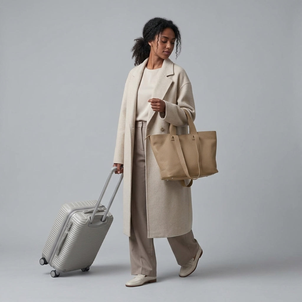 A woman in neutral-toned clothing walks while pulling a silver suitcase and carrying a minimalist everyday bag, set against a plain gray background.