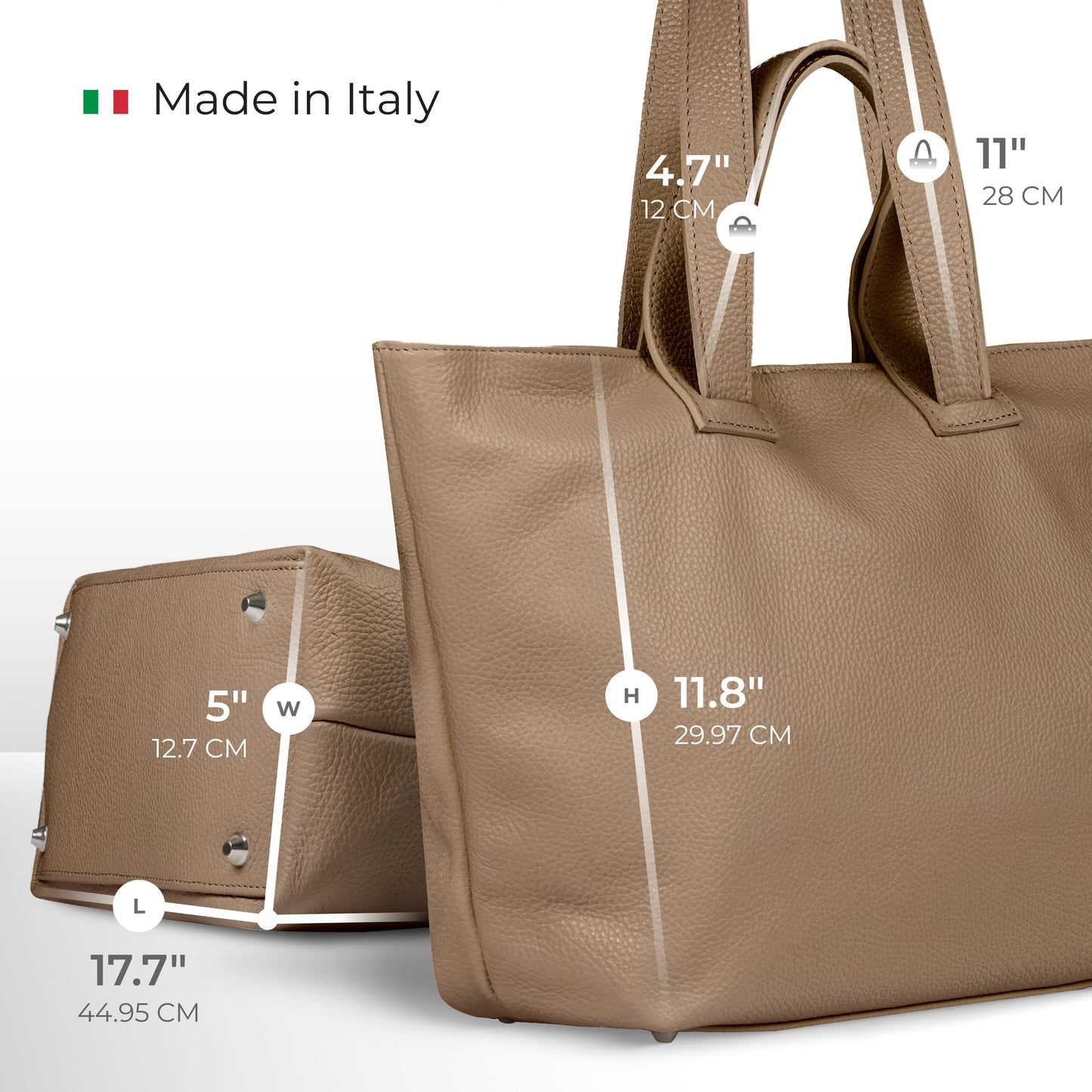 Beige minimalist tote crafted from Italian calf leather in a sleek trapezoid handbag shape, made in Italy. Shown upright and on its side with labeled dimensions: 17.7 (length), 11.8 (height), 5 (width), handle height 11, handle drop 4.7.