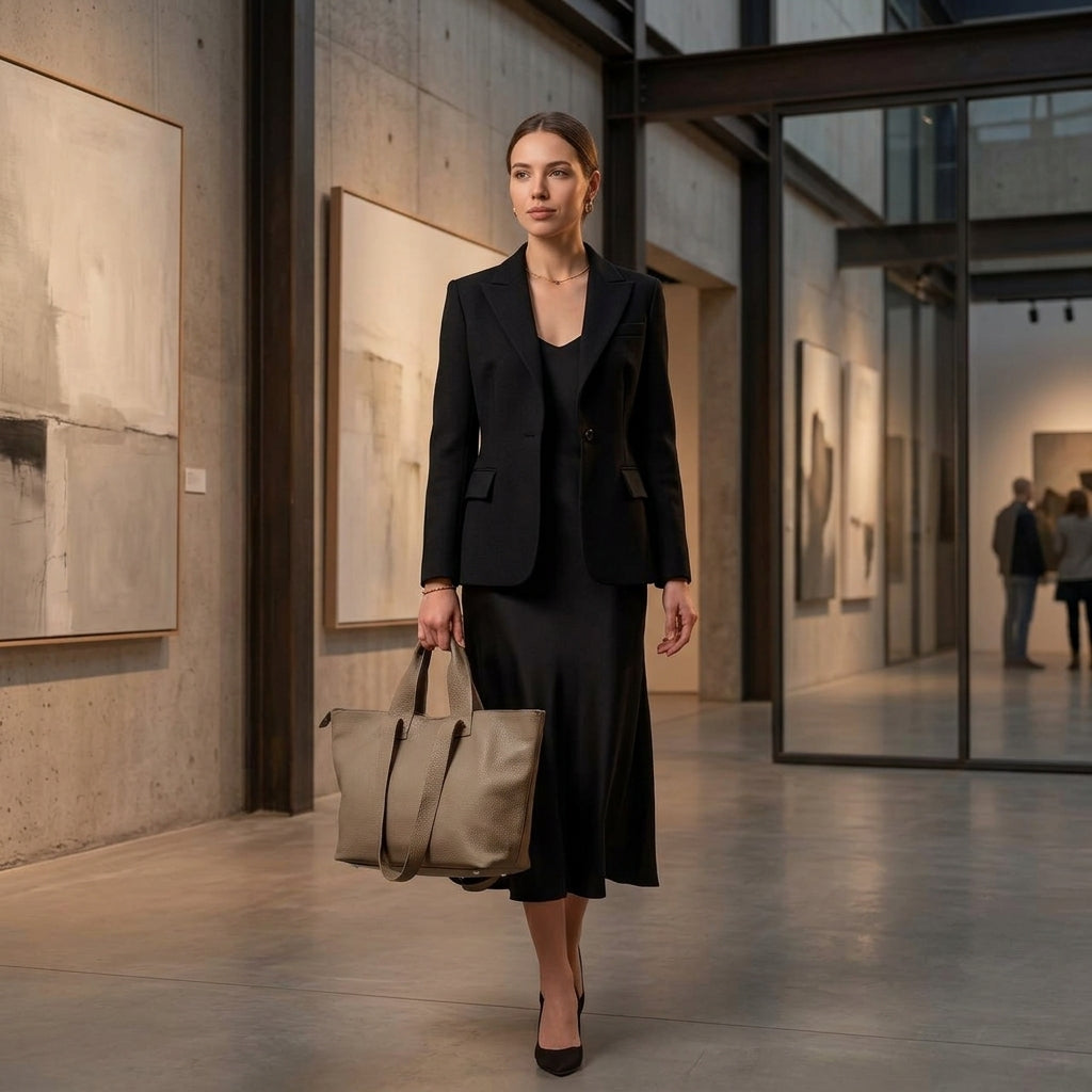 A woman in a black suit and dress carries a minimalist everyday bag while walking through a modern art gallery adorned with abstract paintings.