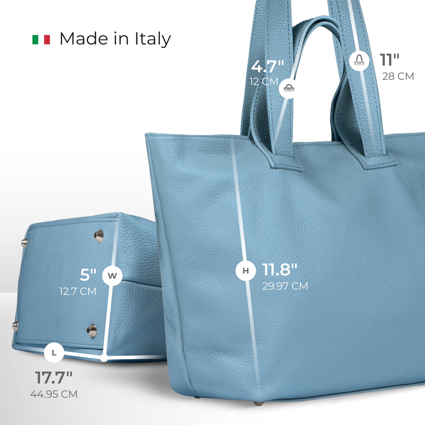 A light blue minimalist tote crafted from Italian calf leather, with dimensions labeled: length 17.7 (44.95 cm), width 5 (12.7 cm), height 11.8 (29.97 cm), handle drop 4.7 (12 cm), and total height 11 (28 cm). “Made in Italy” is written at the top.
