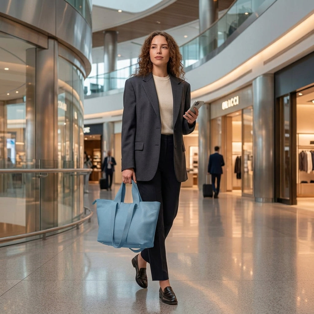 A woman in a dark suit walks through a modern shopping mall, holding a sleek Italian leather handbag and a phone. She has curly hair and looks ahead confidently. Shiny floors and stylish store fronts add to the chic atmosphere.