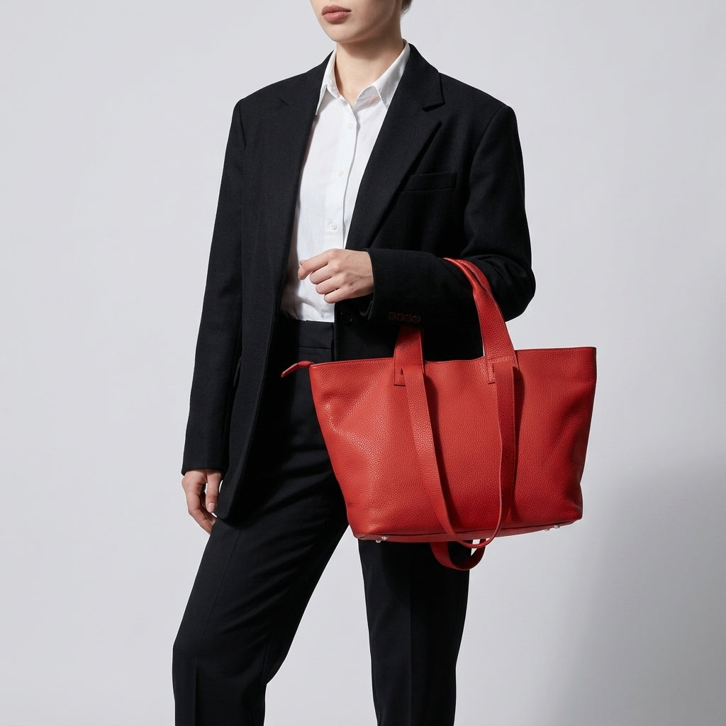 A person dressed in a black suit and white shirt holds a large red Italian leather handbag with both short and long handles against a plain light background. The person's face is partially out of frame.