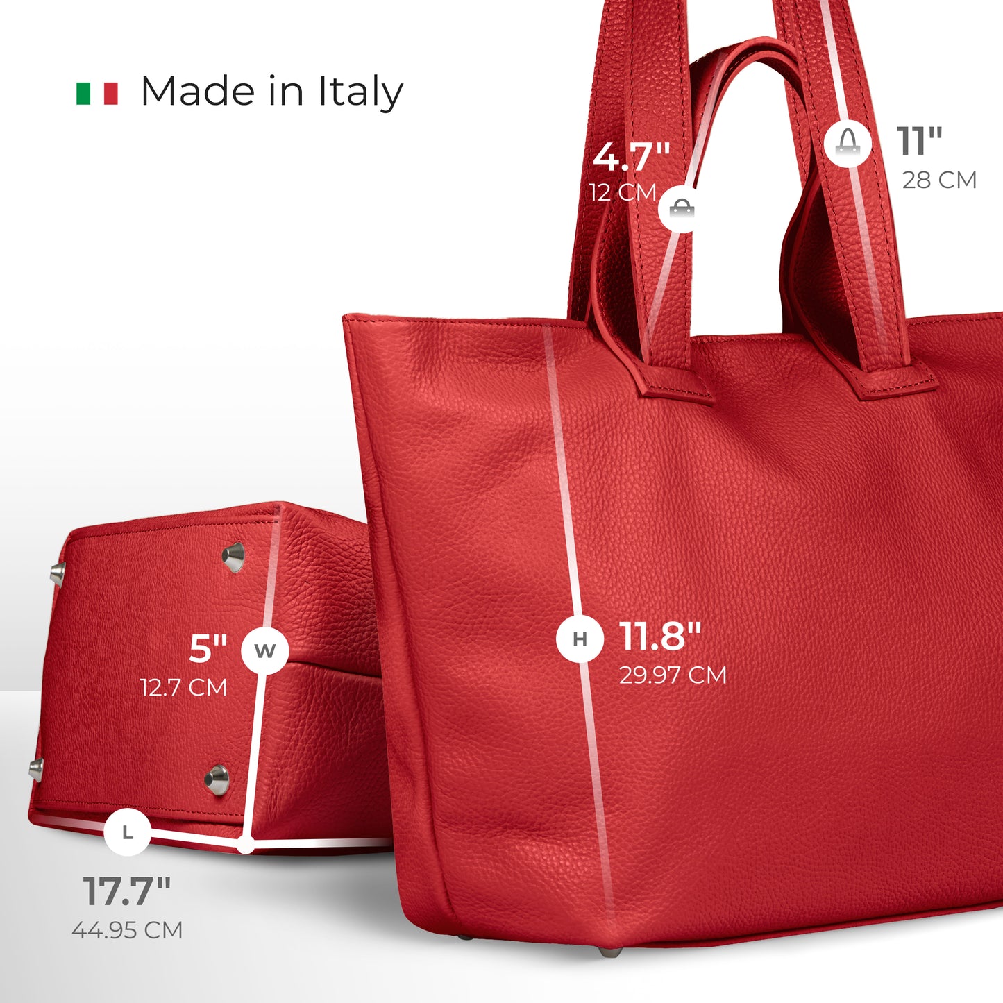 A red Italian calf leather minimalist tote with metal feet, shown upright and on its side. Dimensions: 17.7 (L), 5 (W), 11.8 (H), 4.7 (handle drop), and 11 (height). Made in Italy text and flag are displayed.