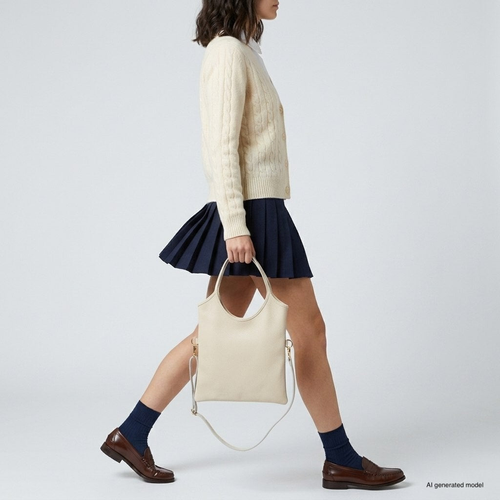 A person in a cream cable-knit sweater, navy pleated skirt, navy socks, and brown loafers walks while holding an Italian leather tote against a plain light background.