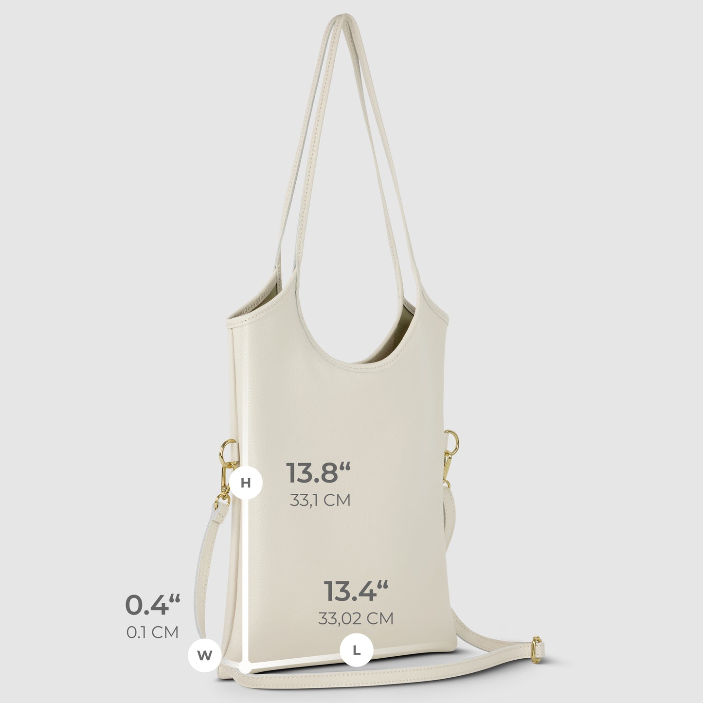 A cream-colored Italian leather bag with two shoulder straps and a detachable crossbody strap is shown standing upright. Dimensions are labeled: height 13.8, length 13.4, width 0.4 (33.1 cm x 33.02 cm x 0.1 cm).