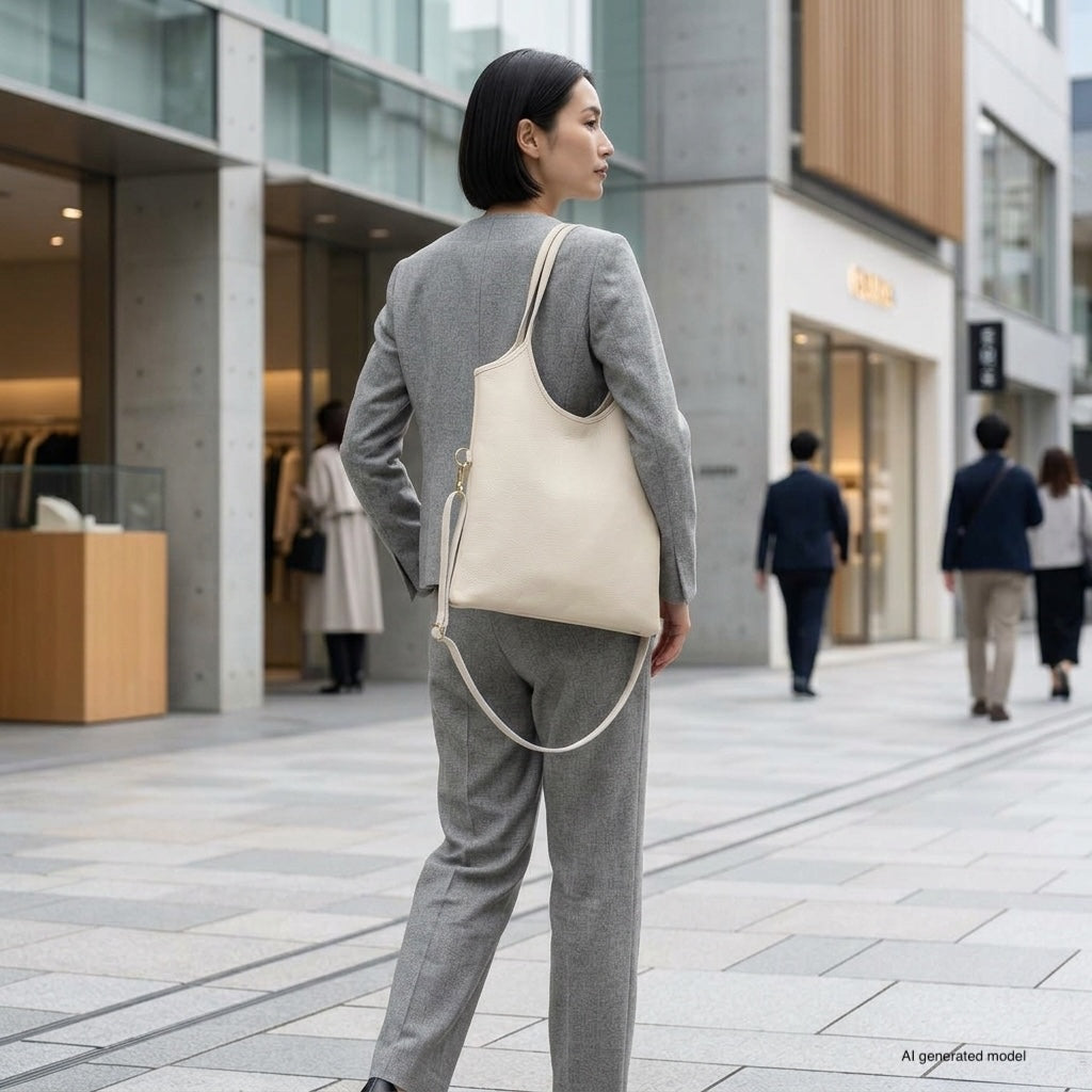 A woman in a gray suit stands outdoors in a modern urban area, carrying a large Italian leather tote. Several people walk in the background near glass buildings and shops.