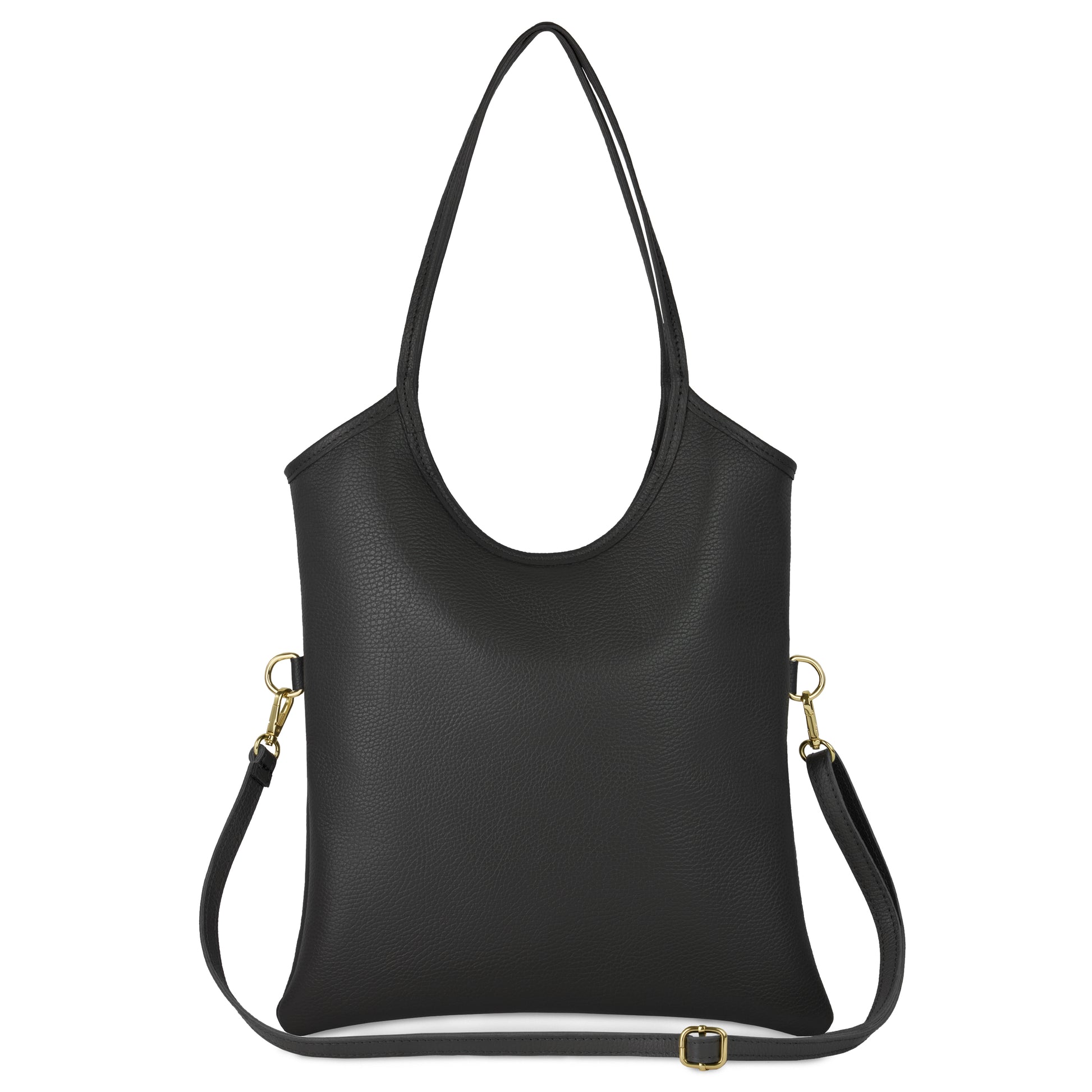 A black Italian leather bag with a minimalist design, featuring two top handles and a detachable, adjustable shoulder strap with gold-tone clasps. Showcasing Florentine craftsmanship, this everyday shoulder bag has a smooth texture and modern silhouette.