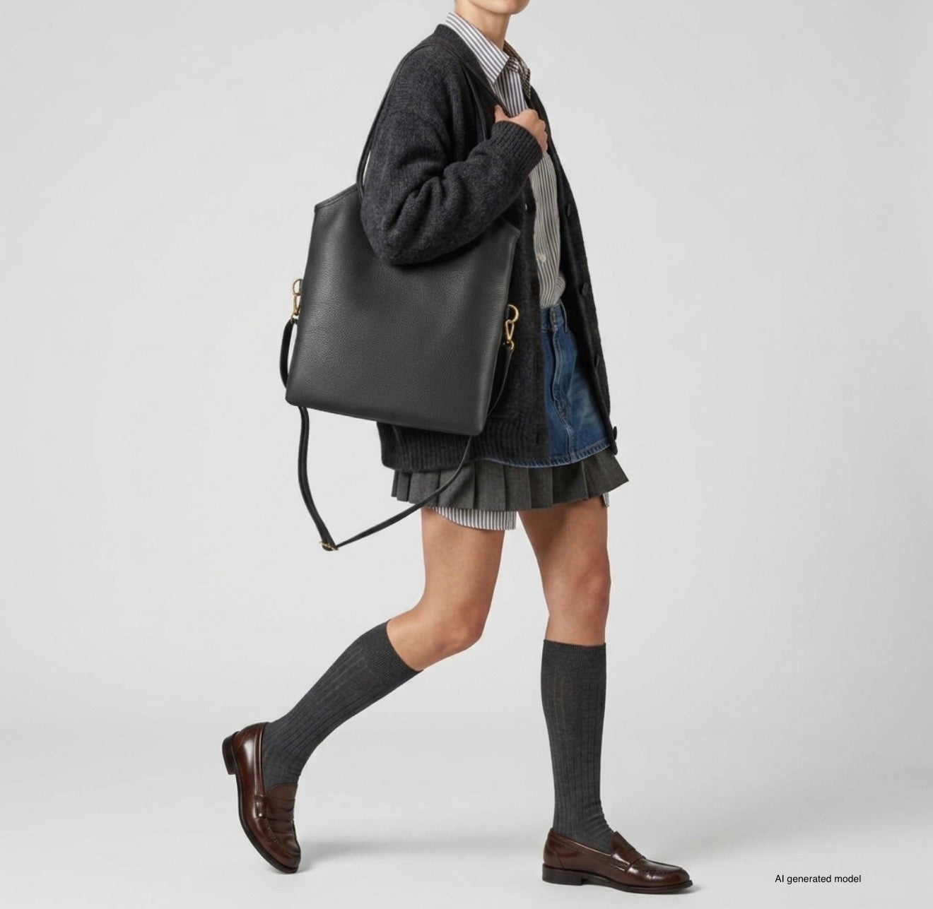 A person wearing a dark cardigan, striped shirt, gray knee-high socks, brown loafers, and a short pleated skirt carries an elegant Italian leather tote over their shoulder. The background is plain and light-colored.