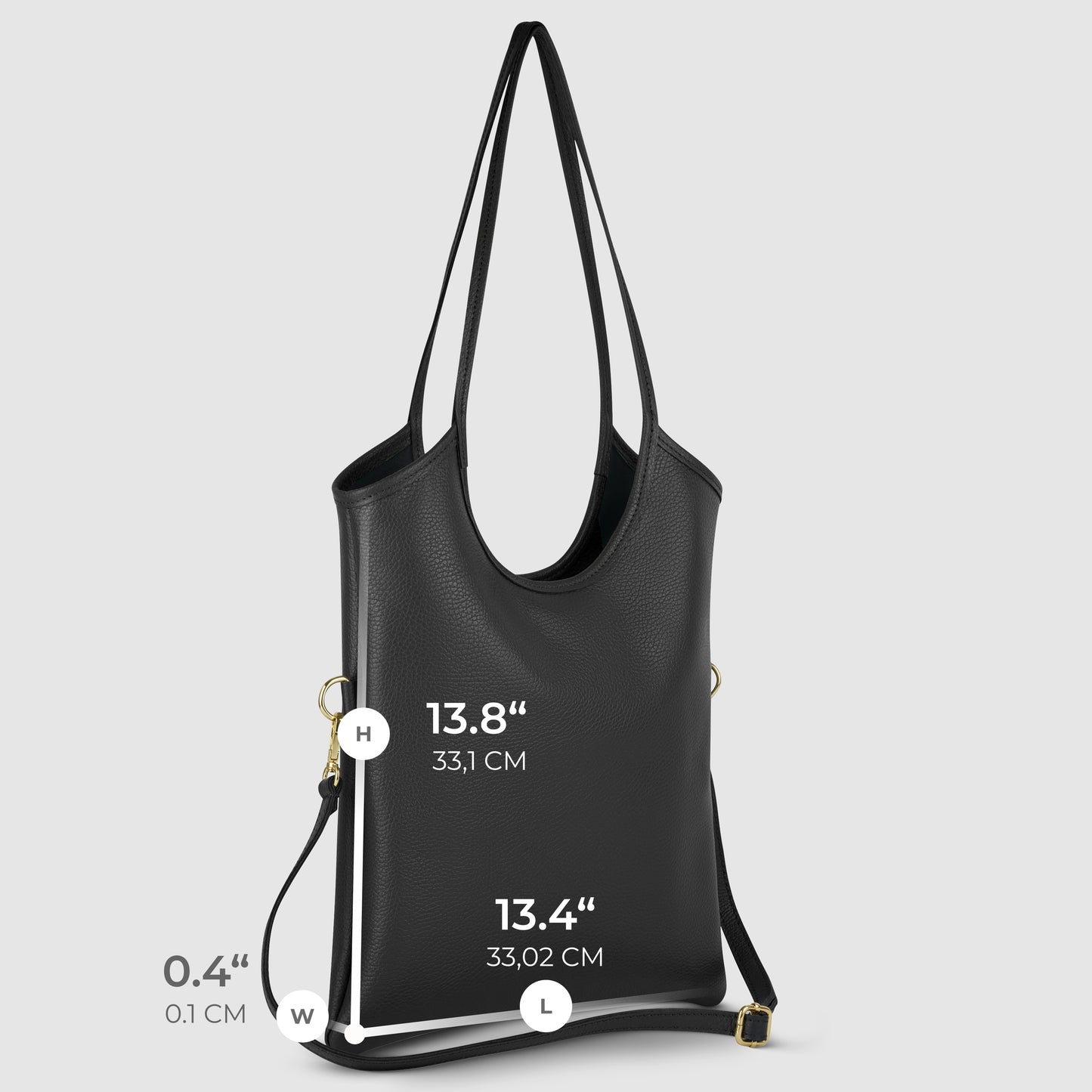 A black Italian leather bag with a long shoulder strap is shown upright. This everyday tote’s dimensions are labeled: height 13.8 (33.1 cm), width 0.4 (0.1 cm), and length 13.4 (33.02 cm).