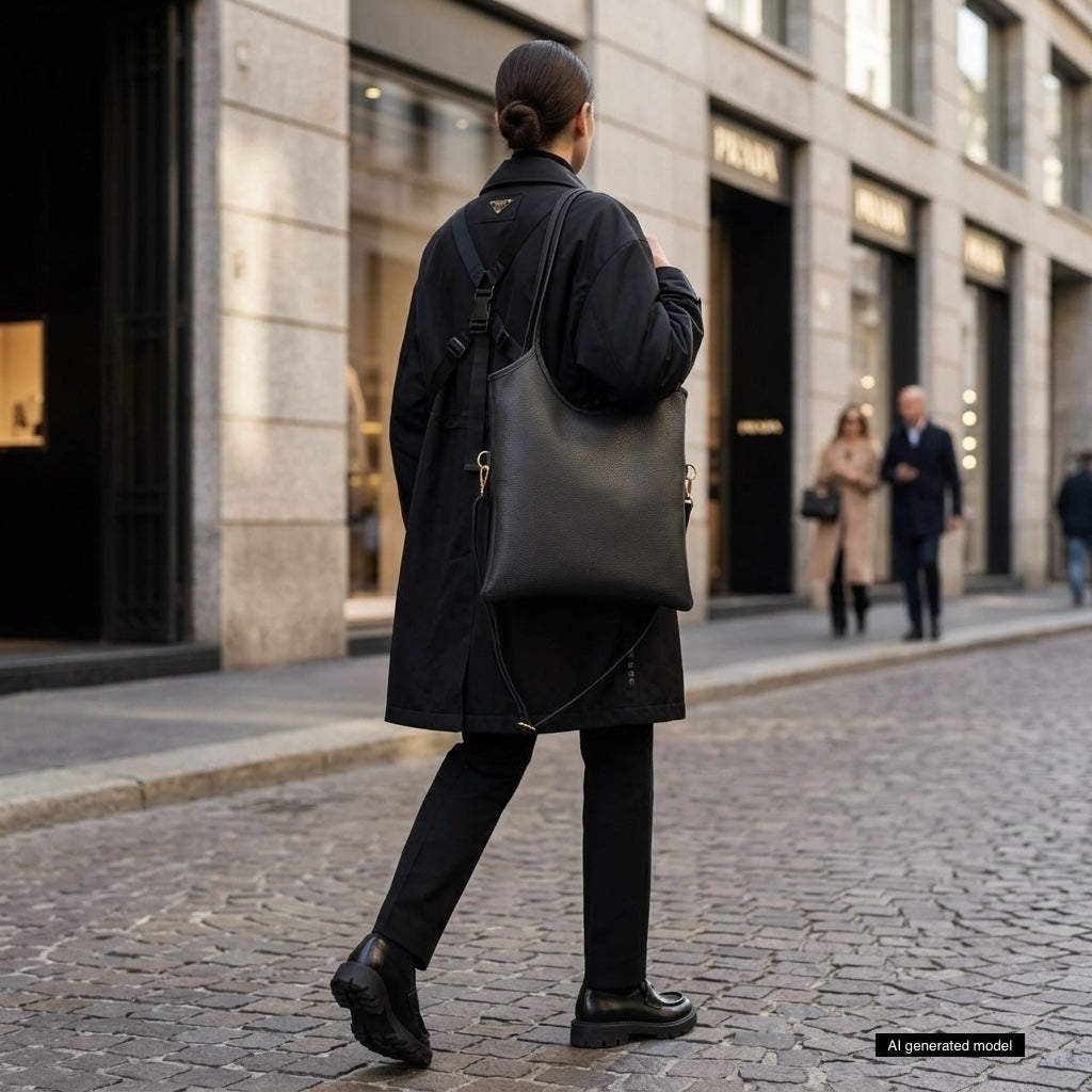 A person dressed in black, carrying a large Italian leather tote, walks along a cobblestone street in a city shopping area. Other pedestrians are visible in the background near storefronts.