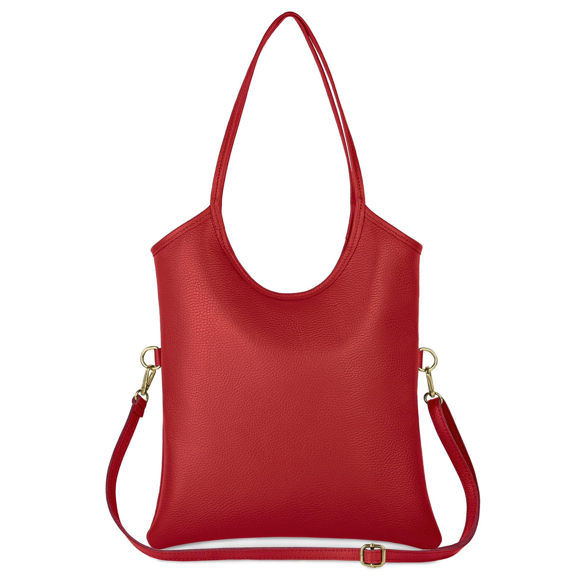 A red Italian leather bag with a rounded top handle and an adjustable, detachable shoulder strap. Showcasing Florentine craftsmanship, its simple, sleek design is accented by gold hardware on the strap attachments.