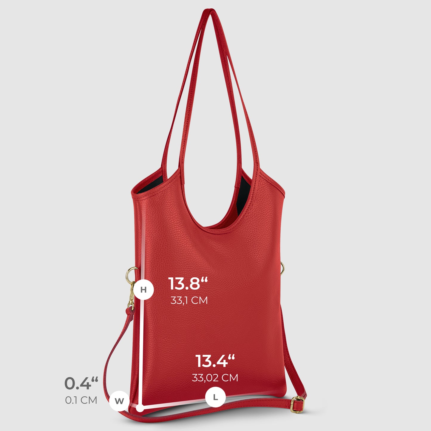 A red everyday tote stands upright on a gray background, showing its length (33.02 cm), height (33.1 cm), and width (0.1 cm) with labeled measurements in both inches and centimeters.