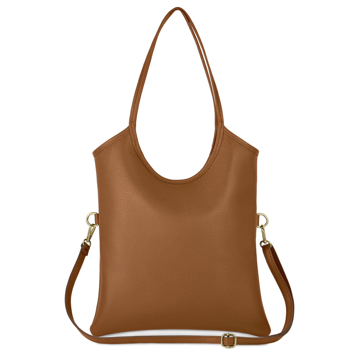 A brown Italian leather bag with a long shoulder strap and a pair of shorter handles, displayed on a white background. This minimalist everyday shoulder bag showcases classic Florentine craftsmanship with no visible logos or patterns.