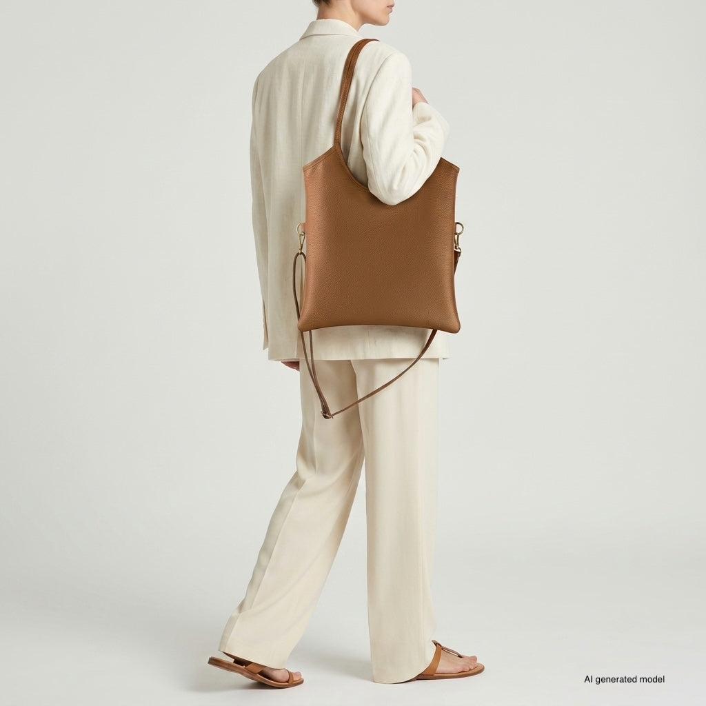 A person in a loose, cream-colored suit and sandals stands sideways, holding a large Italian leather tote over their shoulder against a plain white background.