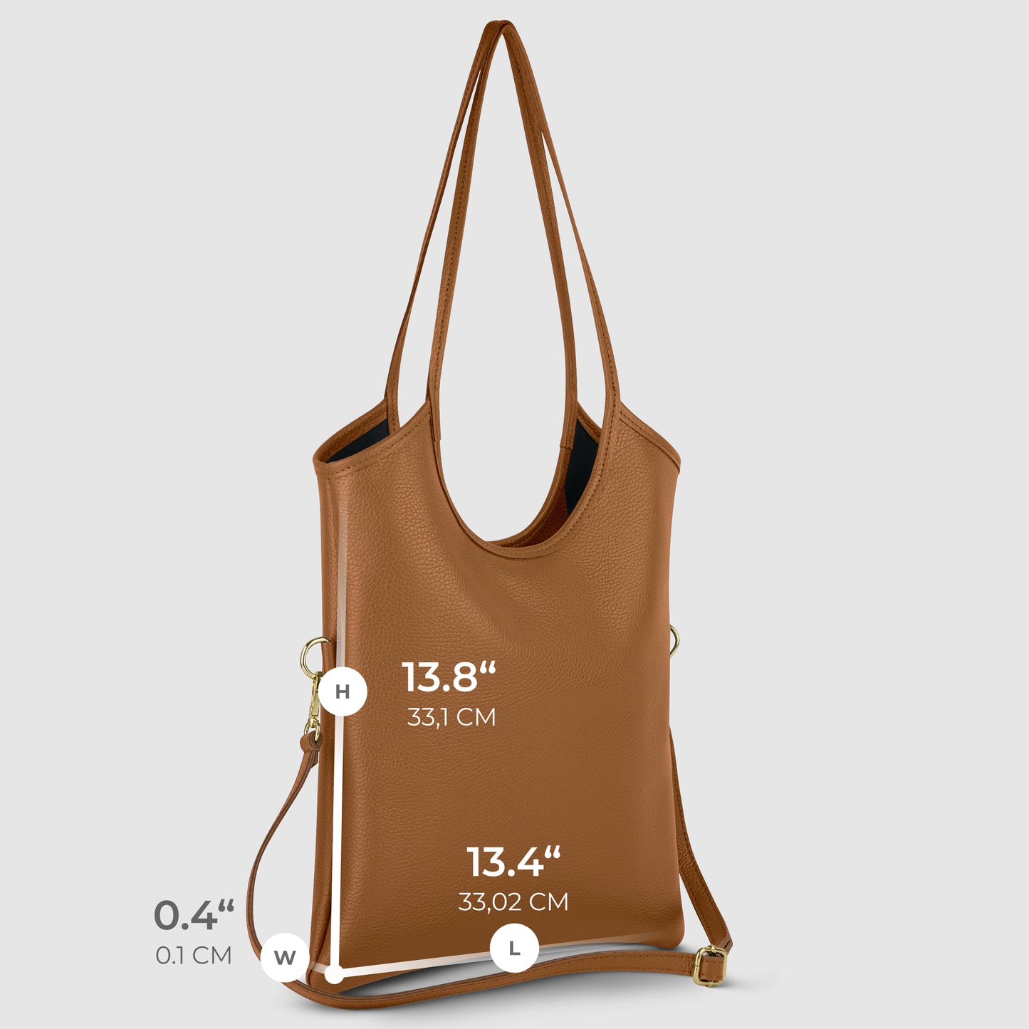 A brown Italian leather tote bag with long shoulder straps stands upright, perfect as an everyday bag. Dimensions are labeled: height 13.8" (33.1 cm), length 13.4" (33.02 cm), and width 0.4" (0.1 cm).
