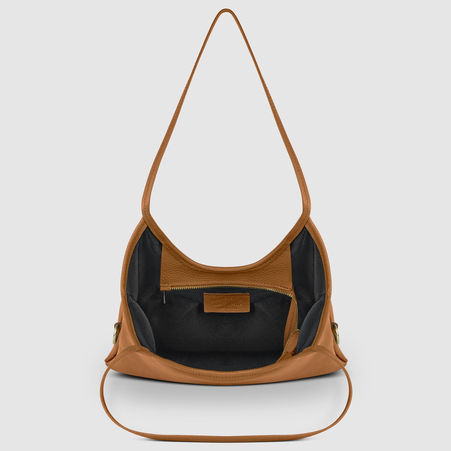 A brown Italian leather bag with a wide strap, shown open to reveal a spacious black interior and an inner zippered pocket—a perfect everyday shoulder bag showcasing Florentine craftsmanship.