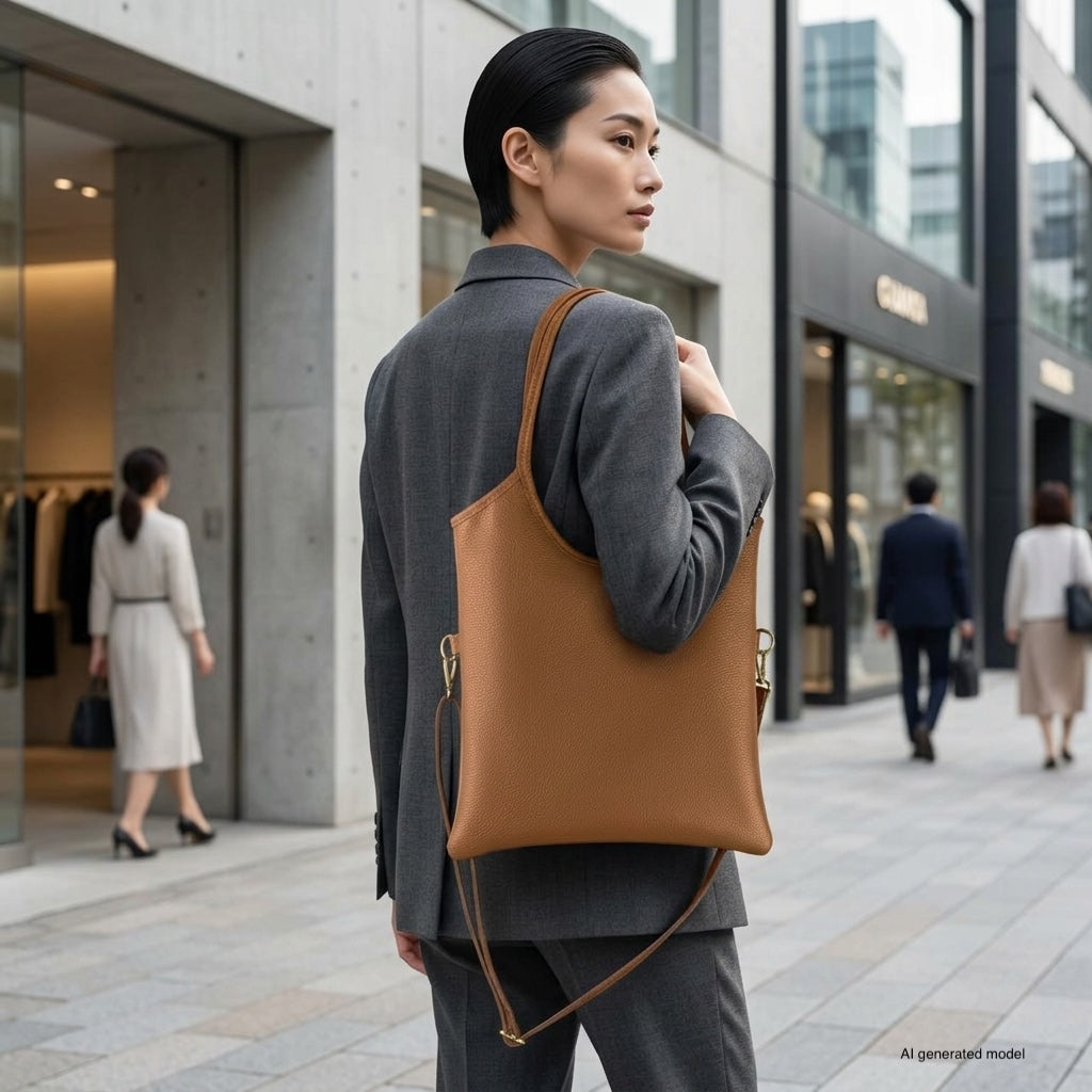 A person in a gray suit carries a stylish calf leather bag over their shoulder while walking through a modern city shopping district, with other people and glass storefronts visible in the background.