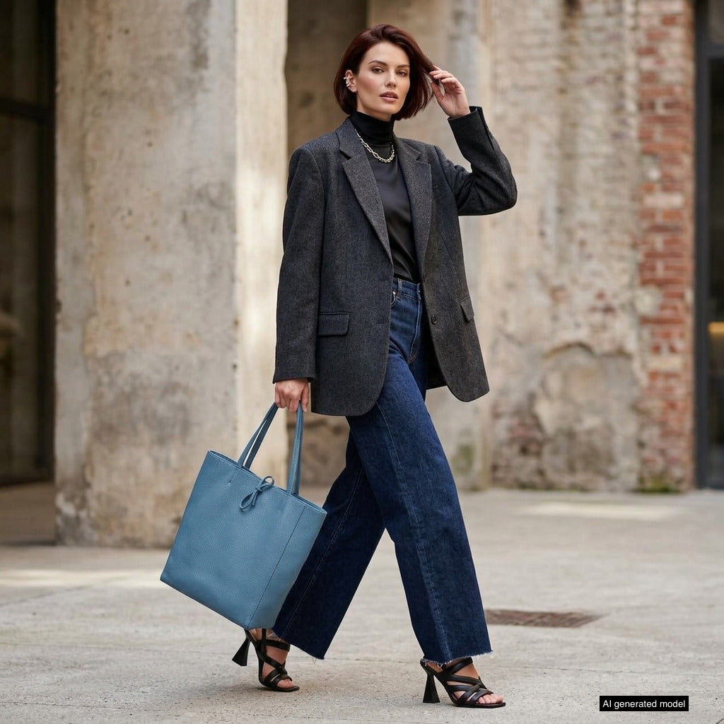 A stylish woman wearing a dark blazer, black turtleneck, wide-leg jeans, and black heels walks outside, carrying a sleek Italian leather tote bag. She has short brown hair and poses confidently in front of a stone building.
