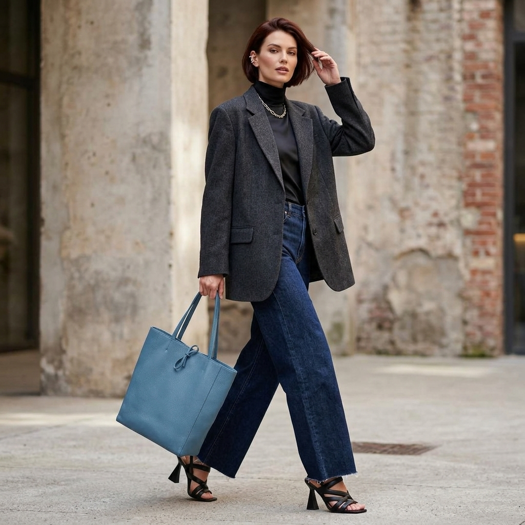 A woman wearing a dark blazer, black turtleneck, wide-leg jeans, and heeled sandals walks outdoors carrying a large Italian leather tote, with a background of weathered brick and concrete walls.