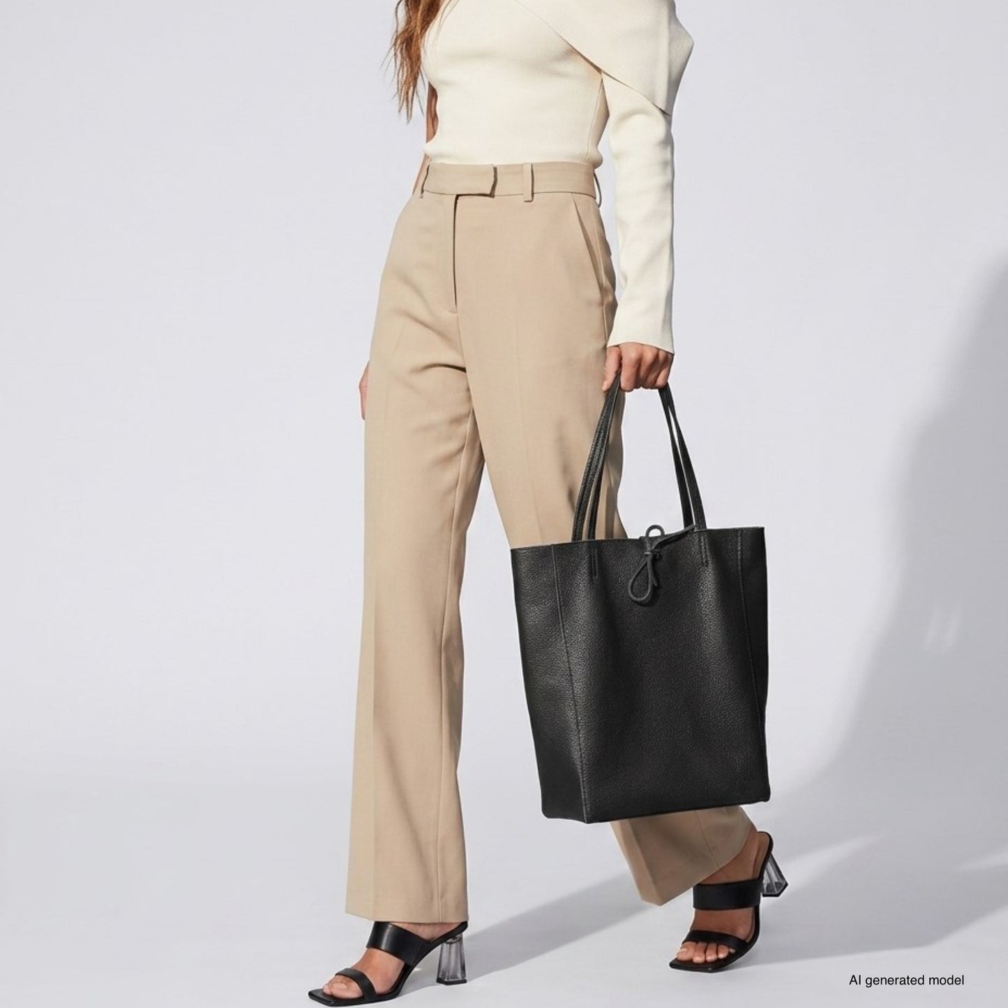 A woman wearing beige trousers, a cream long-sleeve top, and black heeled sandals holds an Italian leather tote bag. She is standing against a plain light gray background.