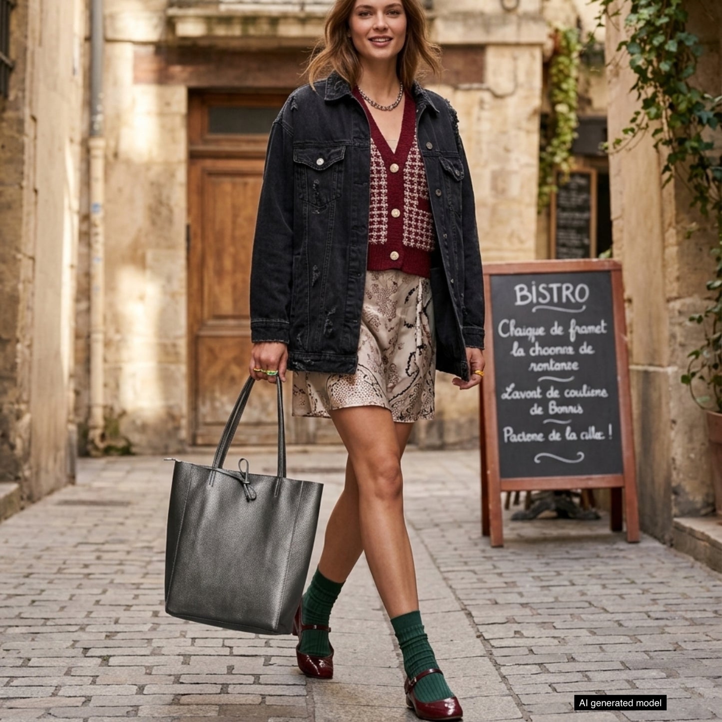 A woman walks on a cobblestone street, wearing a black denim jacket and carrying a stylish Italian leather tote bag. A bistro and chalkboard menu are in the background, adding charm to her chic ensemble.
